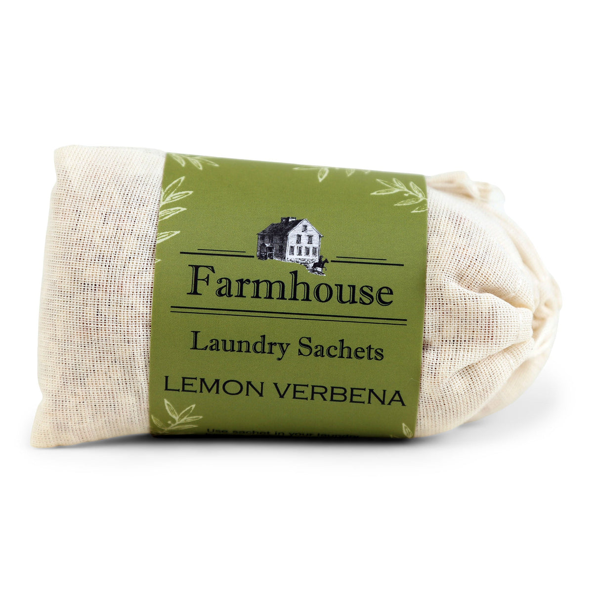 A bundle of beige linen sachets with a green label that reads 'Farmhouse Laundry Sachets LEMON VERBENA'.