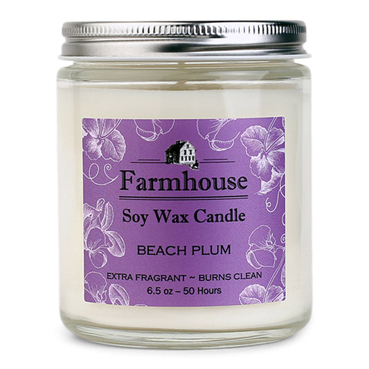 Farmhouse soy wax candle with beach plum fragrance on a purple label
