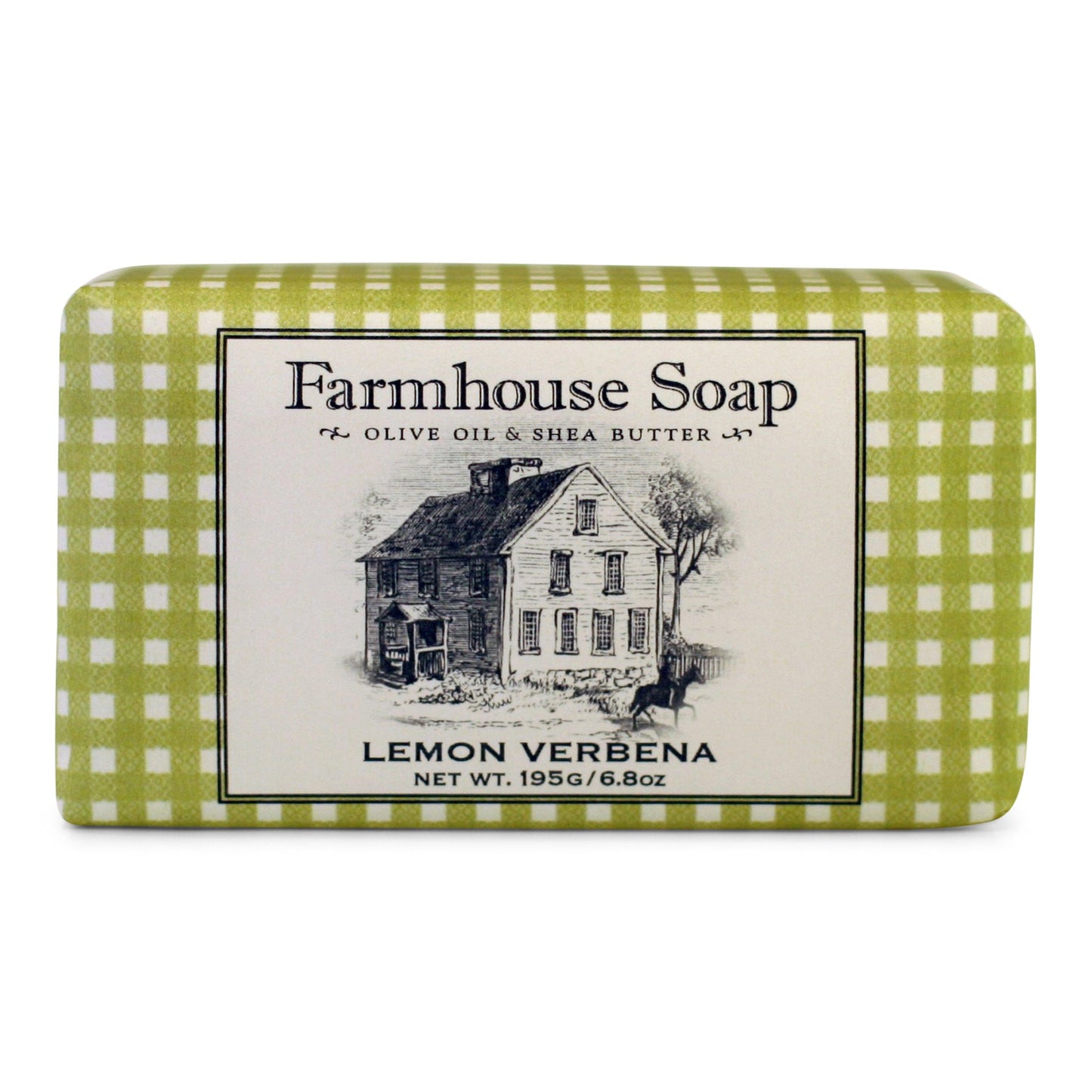 A bar of Farmhouse Soap with a blue and white checkered wrapper, labeled as Lemon Verbena with olive oil and shea butter.