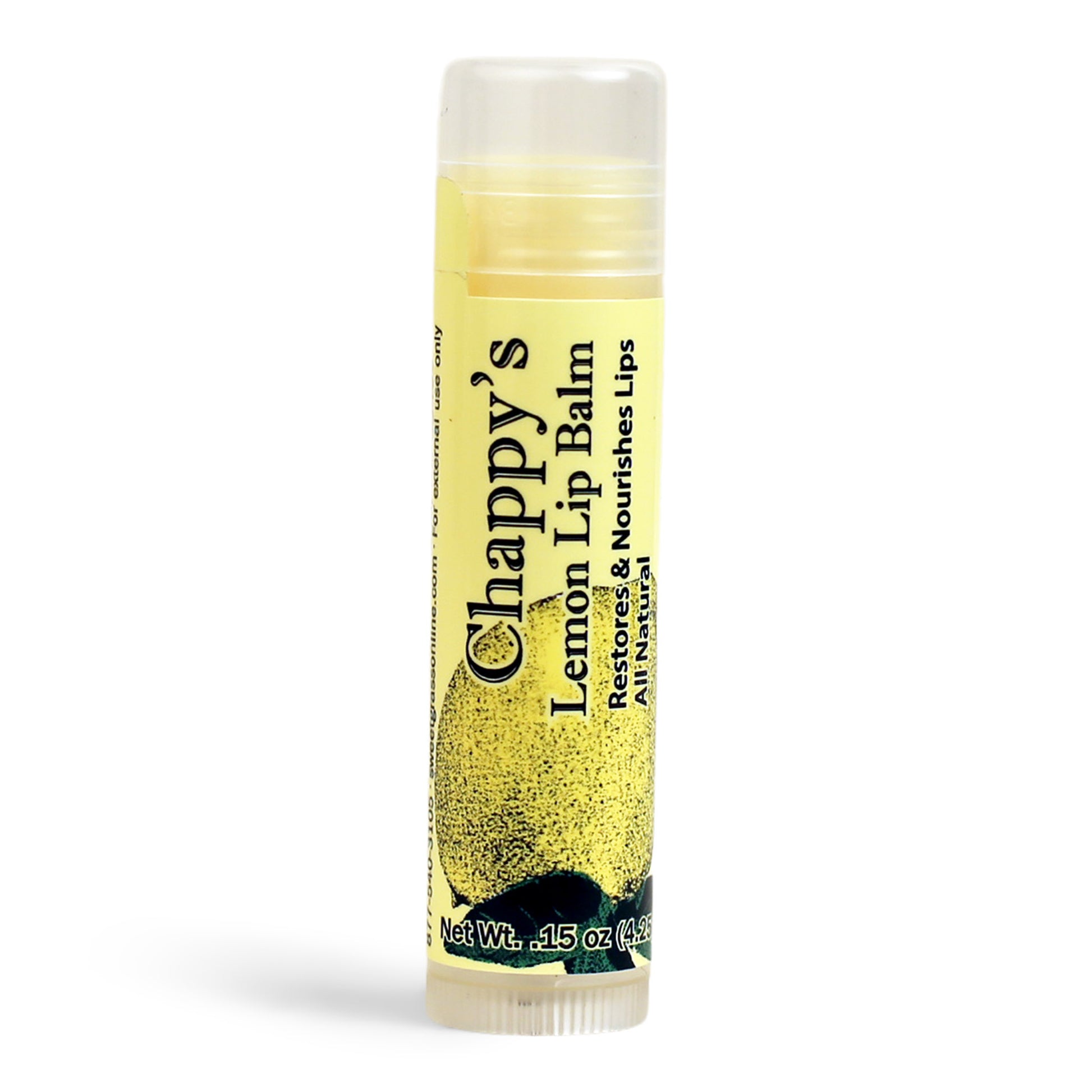 A chapstick with lemon label and the name "Chappy's Lemon Lip Balm"