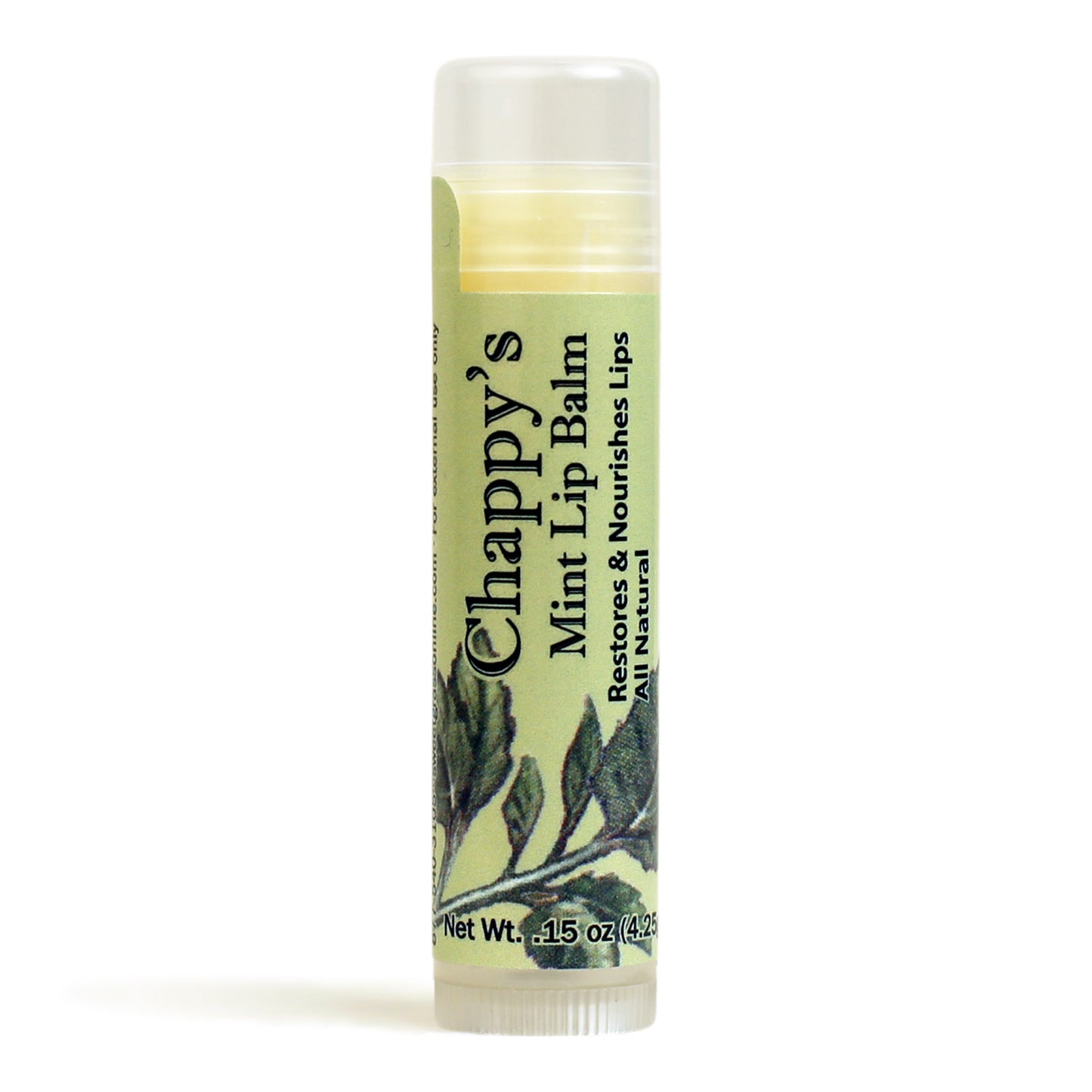 A chapstick with green label and the name "Chappy's Mint Lip Balm"