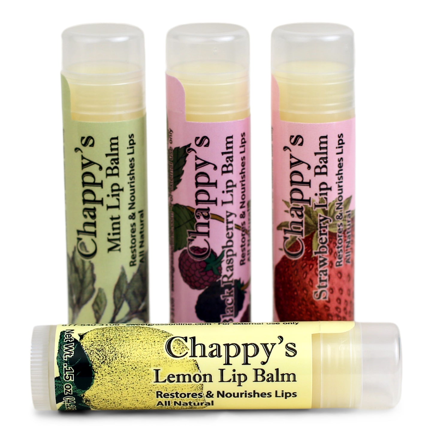 A collection of Chappy's All-Natural Lip Balm Sticks in various flavors including mint, raspberry, strawberry, and lemon.