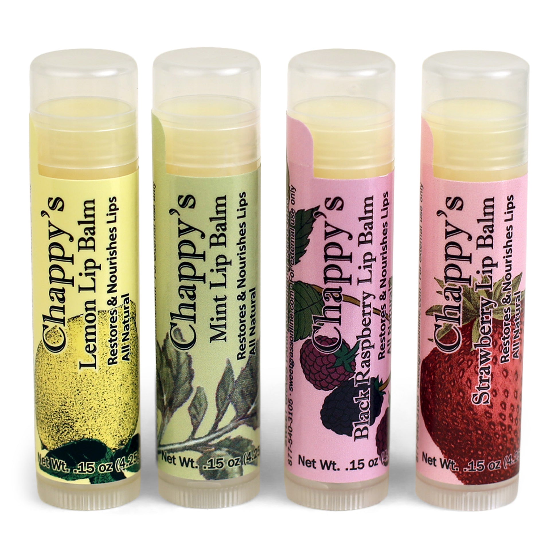 Line up of Chappy's stick lip balm