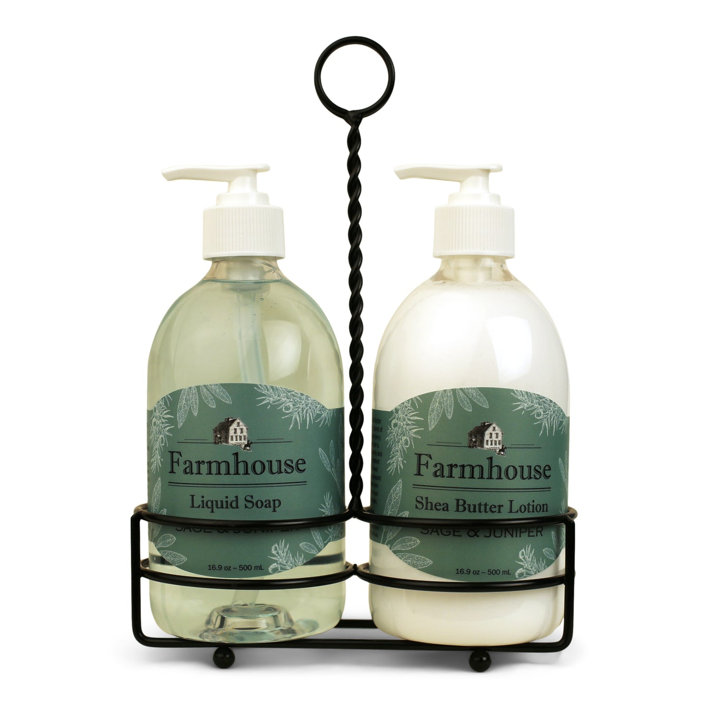 A black metal caddy holding two bottles, one labeled as 'Farmhouse Liquid Soap' and the other as 'Shea Butter Lotion', in Sage & Juniper scent