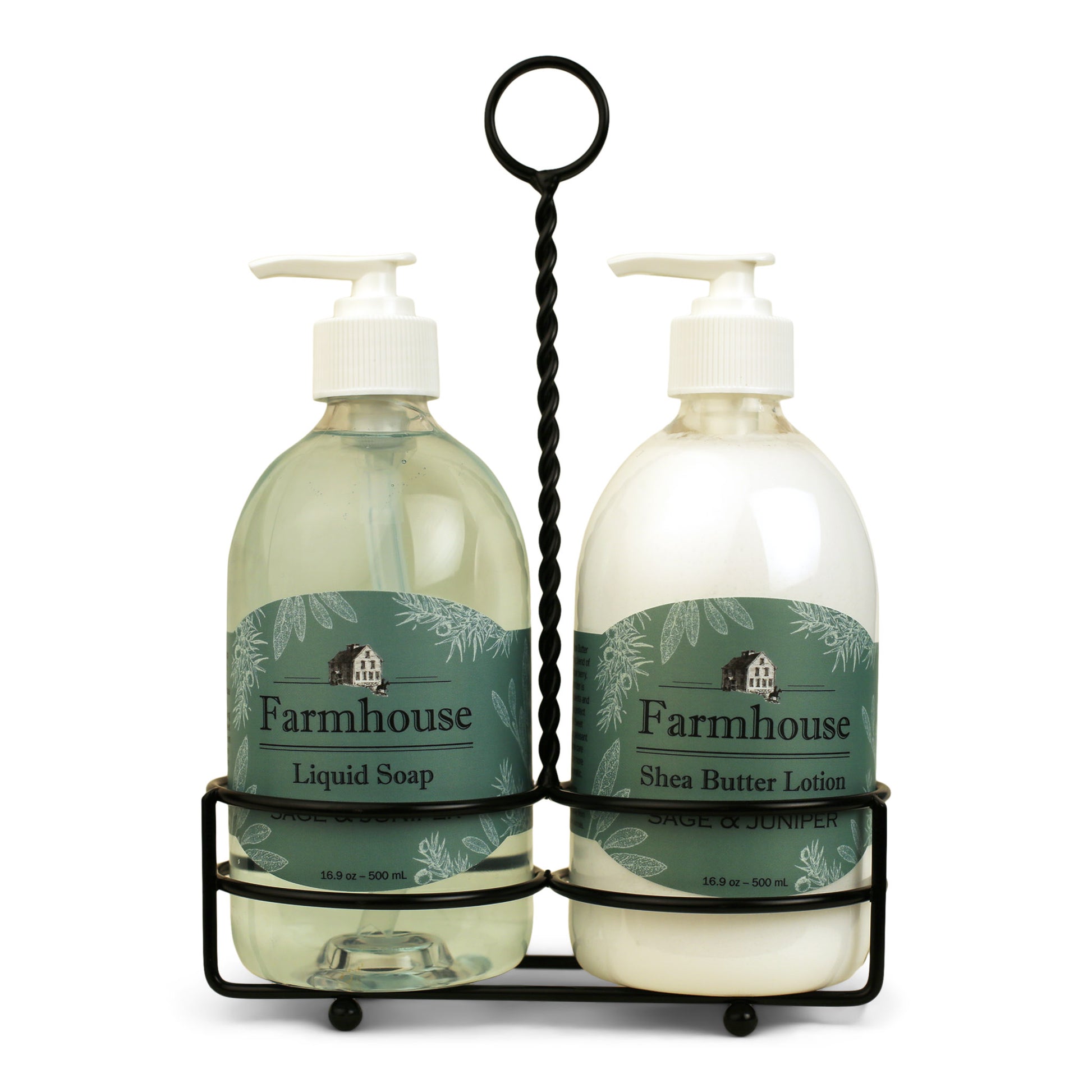 A black metal caddy holding two bottles, one labeled as 'Farmhouse Liquid Soap' and the other as 'Shea Butter Lotion', in Sage & Juniper scent