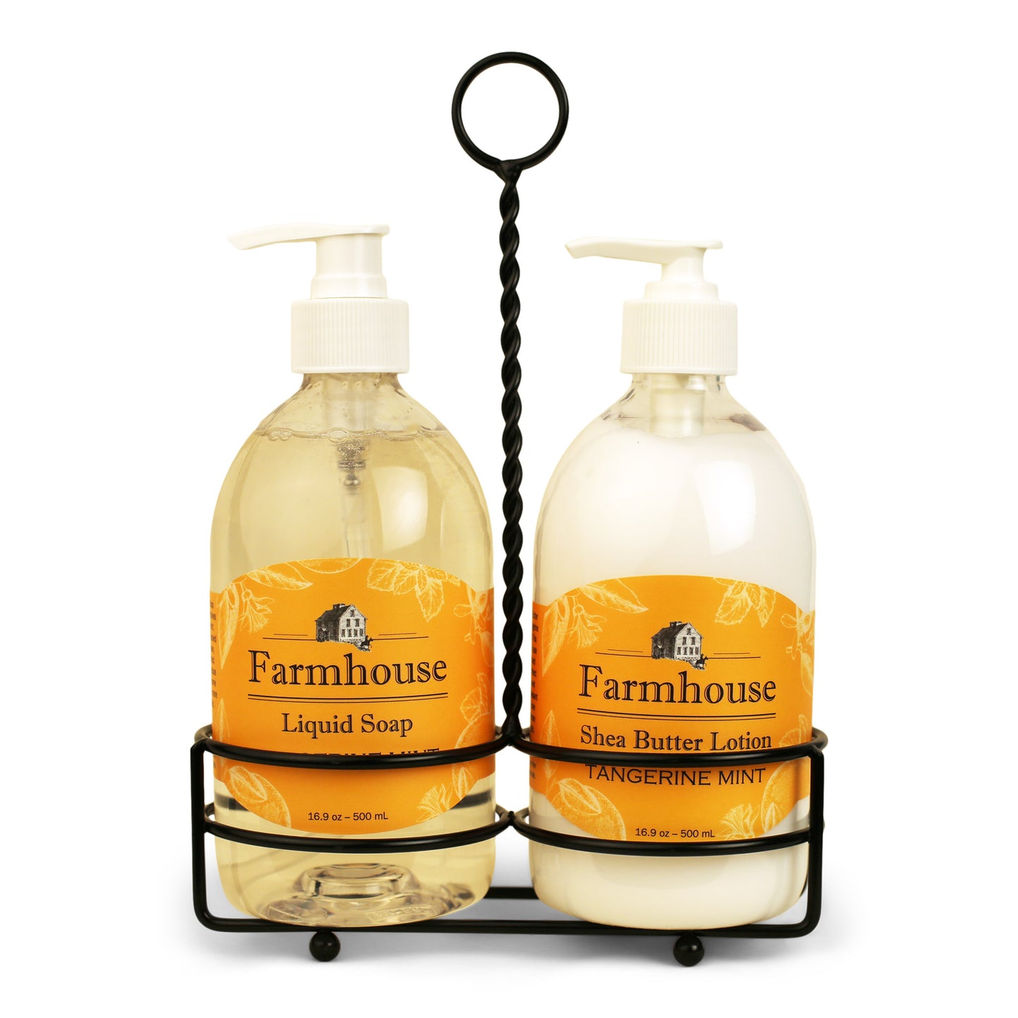 A black metal caddy holding two bottles, one labeled as 'Farmhouse Liquid Soap' and the other as 'Shea Butter Lotion', in Tangerine Mint scent
