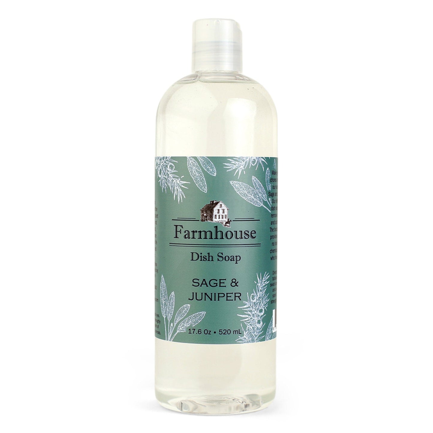A bottle of Farmhouse dish soap with a blue-green label and sage & juniper scent