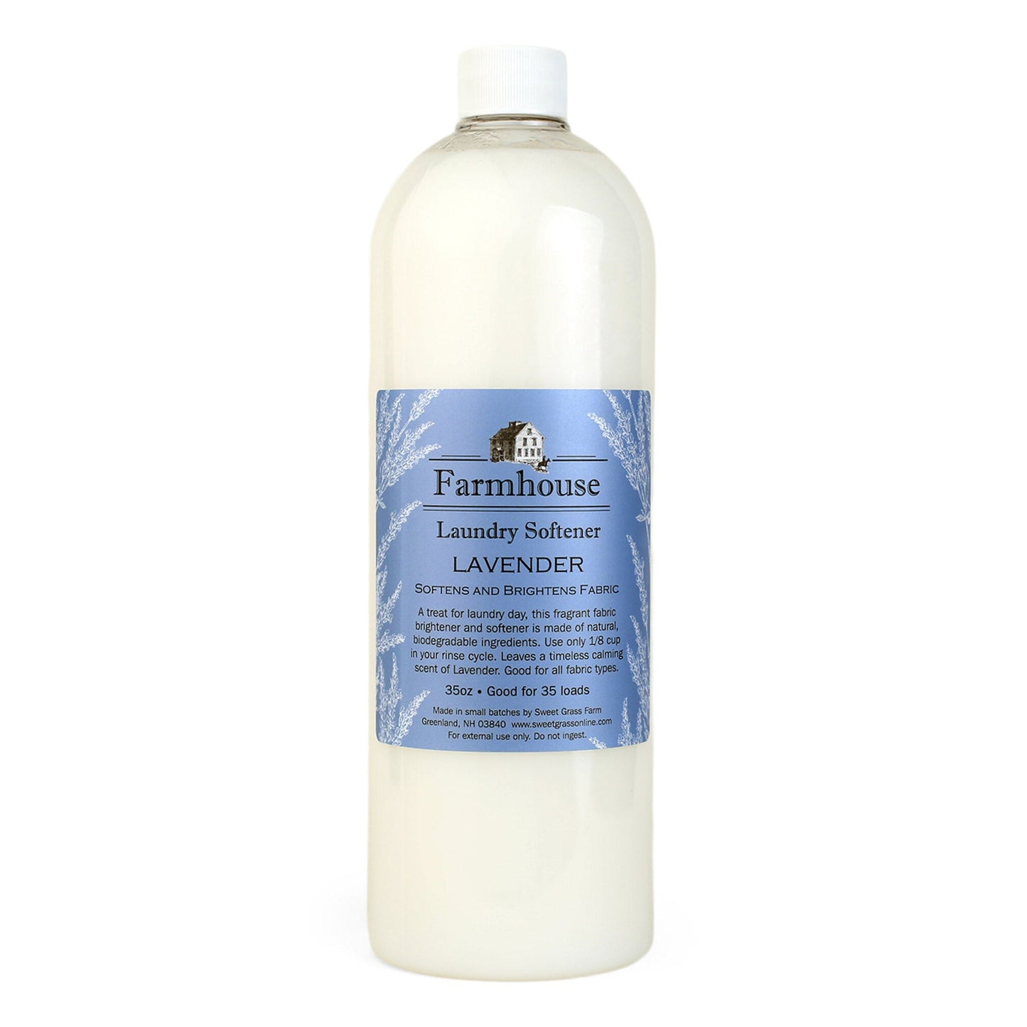 Bottle of Farmhouse Lavender laundry softener on a white background