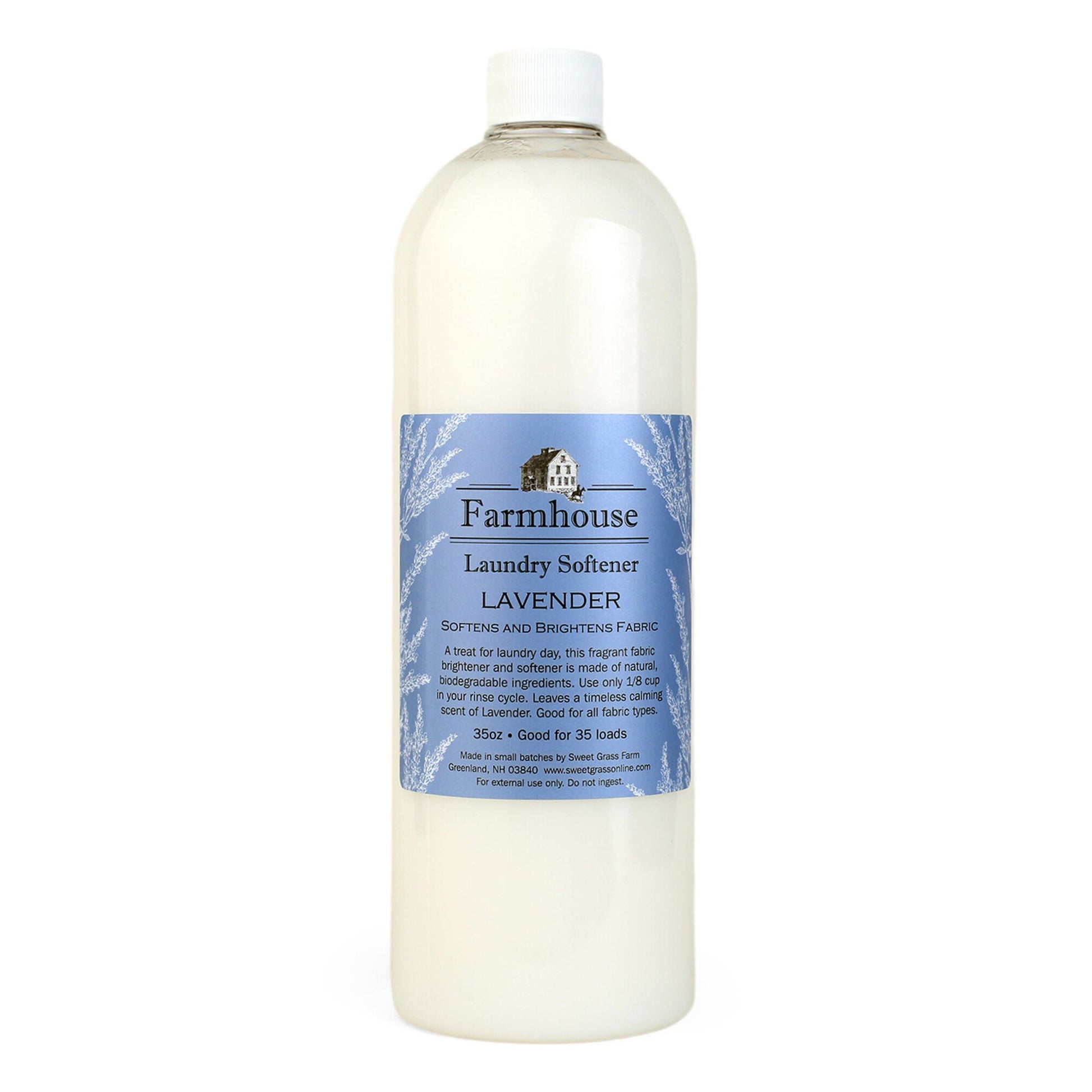 Bottle of Farmhouse Lavender laundry softener on a white background