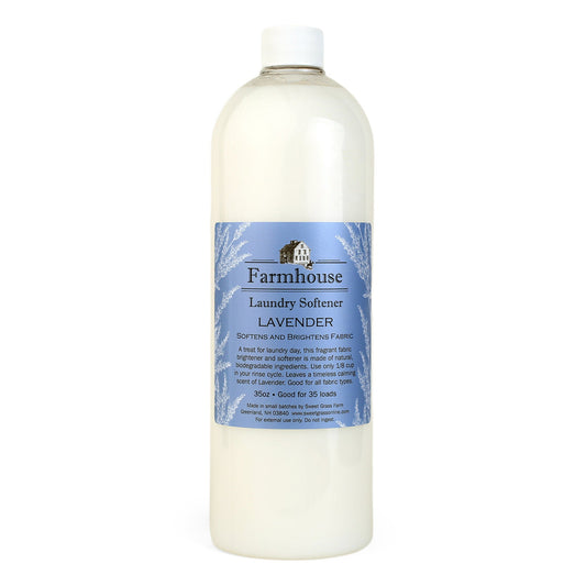 Bottle of Farmhouse Lavender laundry softener on a white background