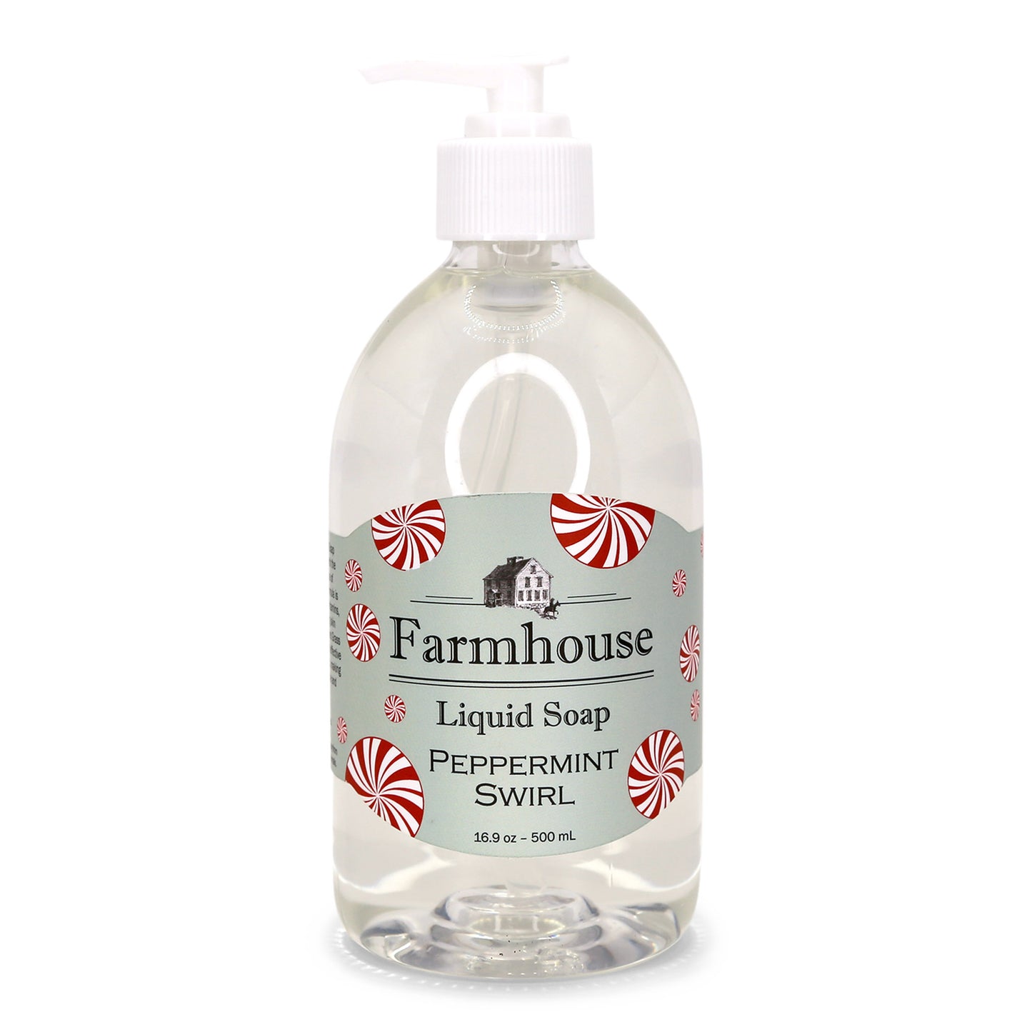 A clear pump bottle of Farmhouse liquid soap with a grey label that reads 'Liquid Soap' and 'Peppermint Swirl'.