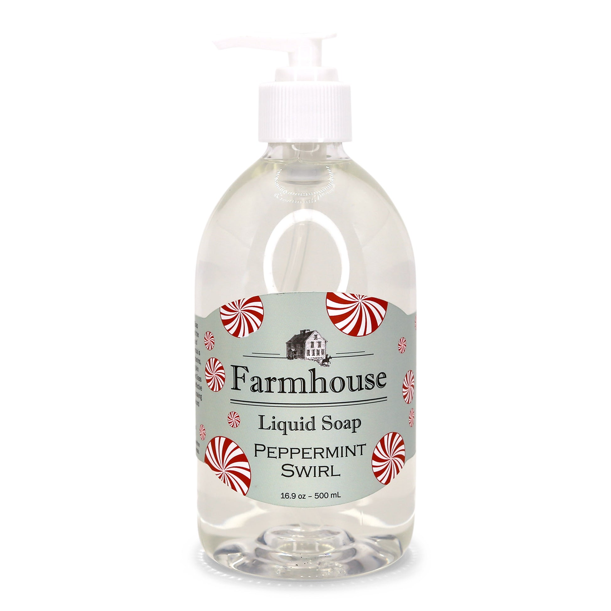 A clear pump bottle of Farmhouse liquid soap with a grey label that reads 'Liquid Soap' and 'Peppermint Swirl'.