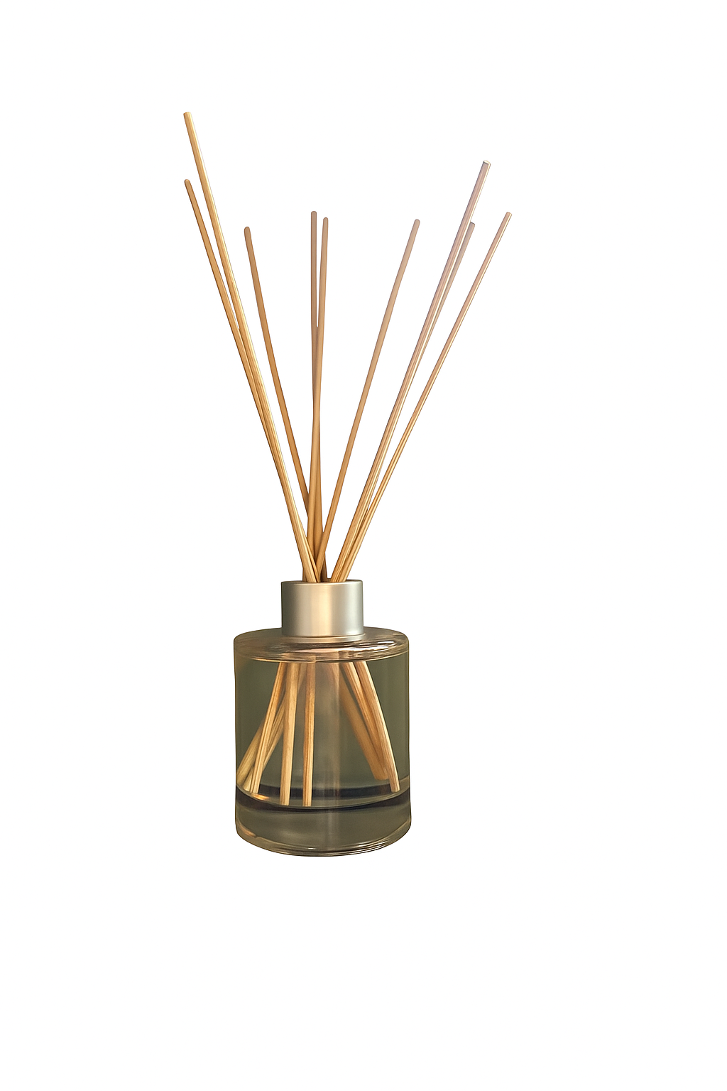 Reed diffuser with wooden sticks in a glass bottle on a white background