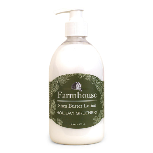A pump bottle of Farmhouse brand shea butter lotion in Holiday Greenery scent, with a green label.