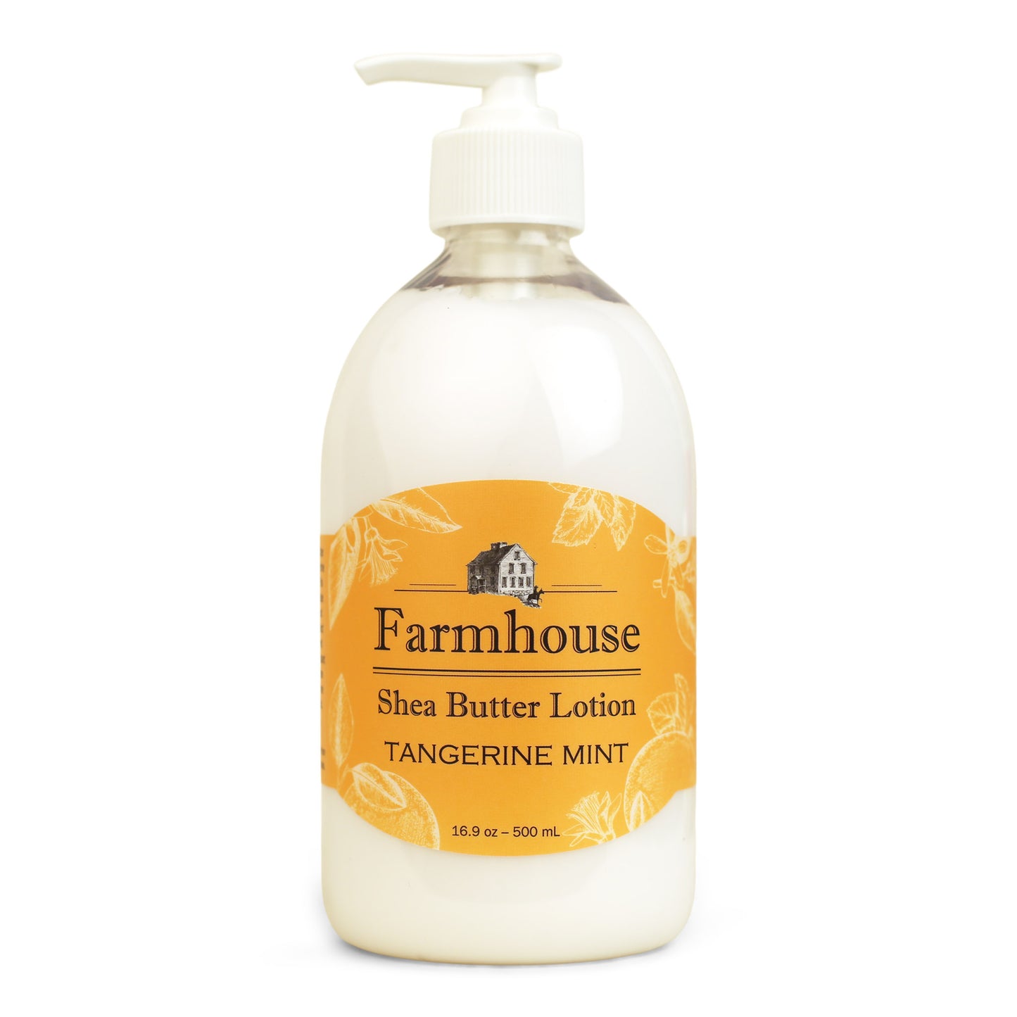A pump bottle of Farmhouse brand shea butter lotion in Tangerine Mint scent, with an orange label.