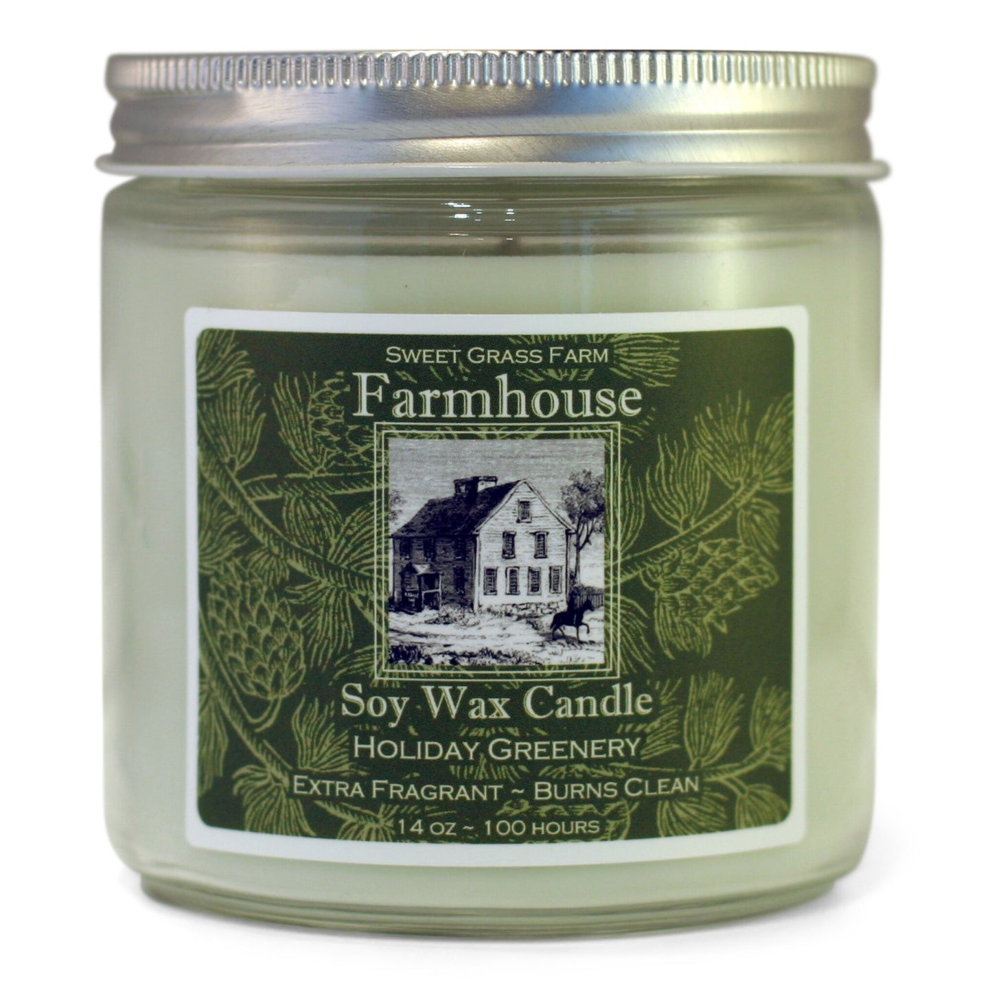A soy wax candle jar with a label that reads 'Farmhouse Soy Wax Candle, Holiday Greenery, Extra Fragrant - Burns Clean', with a picture of a house and the brand name 'Sweet Grass Farm'.