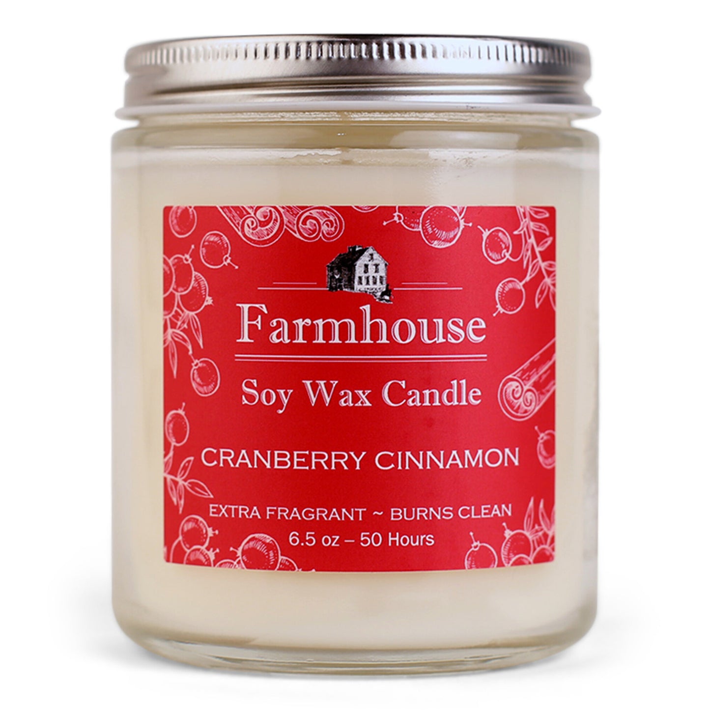 Farmhouse soy wax candle with cranberry cinnamon fragrance on a red label