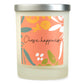 A white soy wax candle with a label that has 'Choose happiness' written on it and colorful abstract shapes.