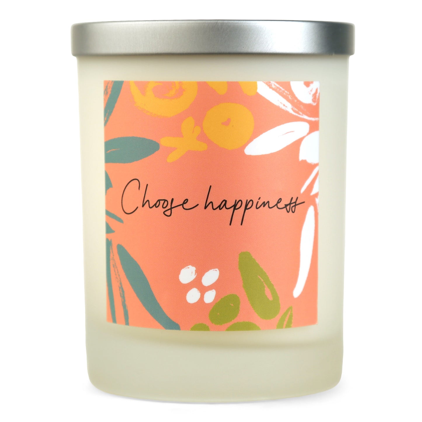A white soy wax candle with a label that has 'Choose happiness' written on it and colorful abstract shapes.