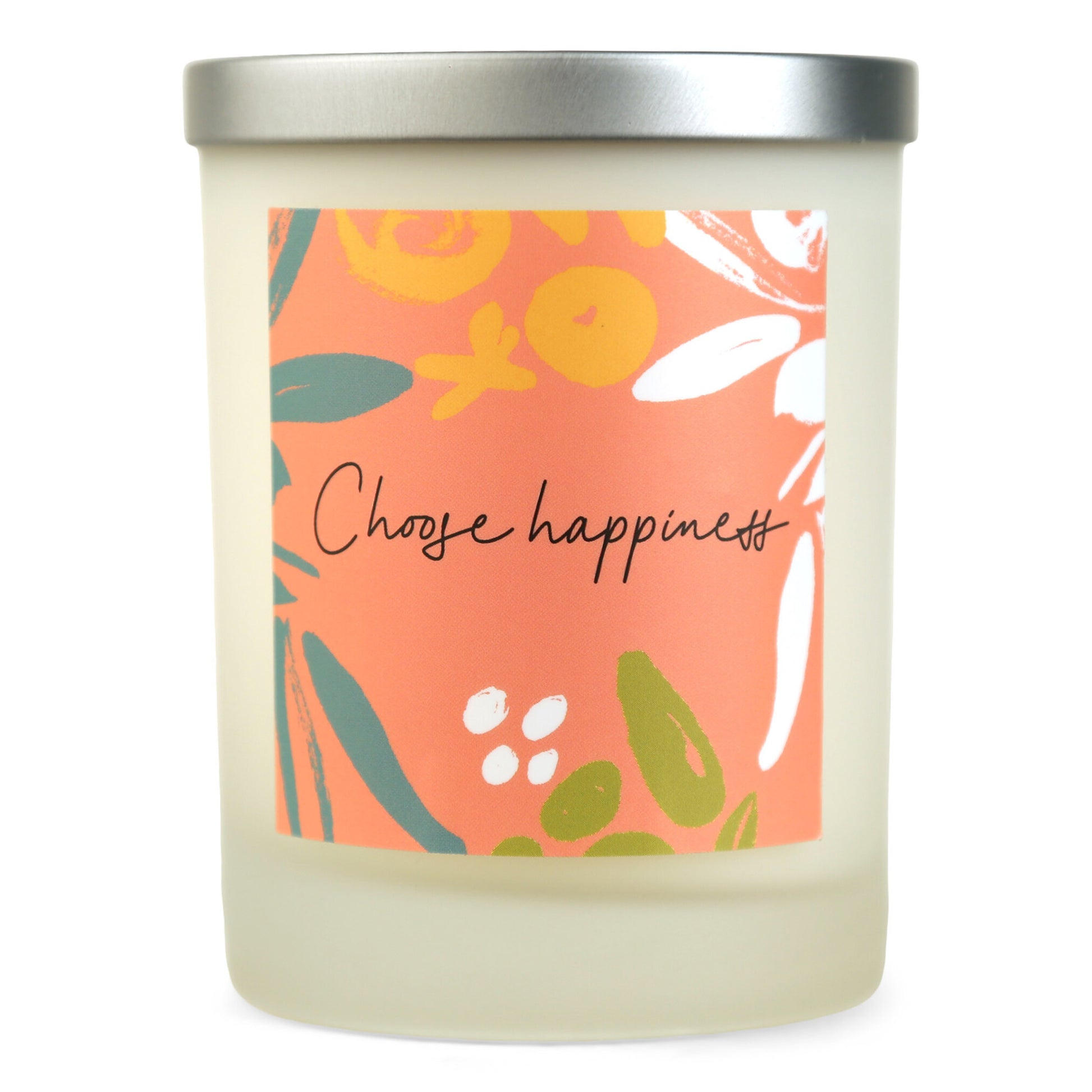 A white soy wax candle with a label that has 'Choose happiness' written on it and colorful abstract shapes.