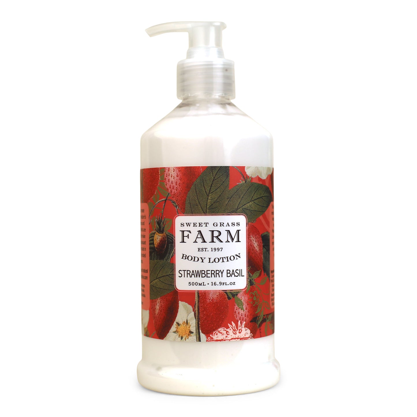 A pump bottle of body lotion labeled 'Sweet Grass Farm' with an image of wildflowers and strawberries on the label.