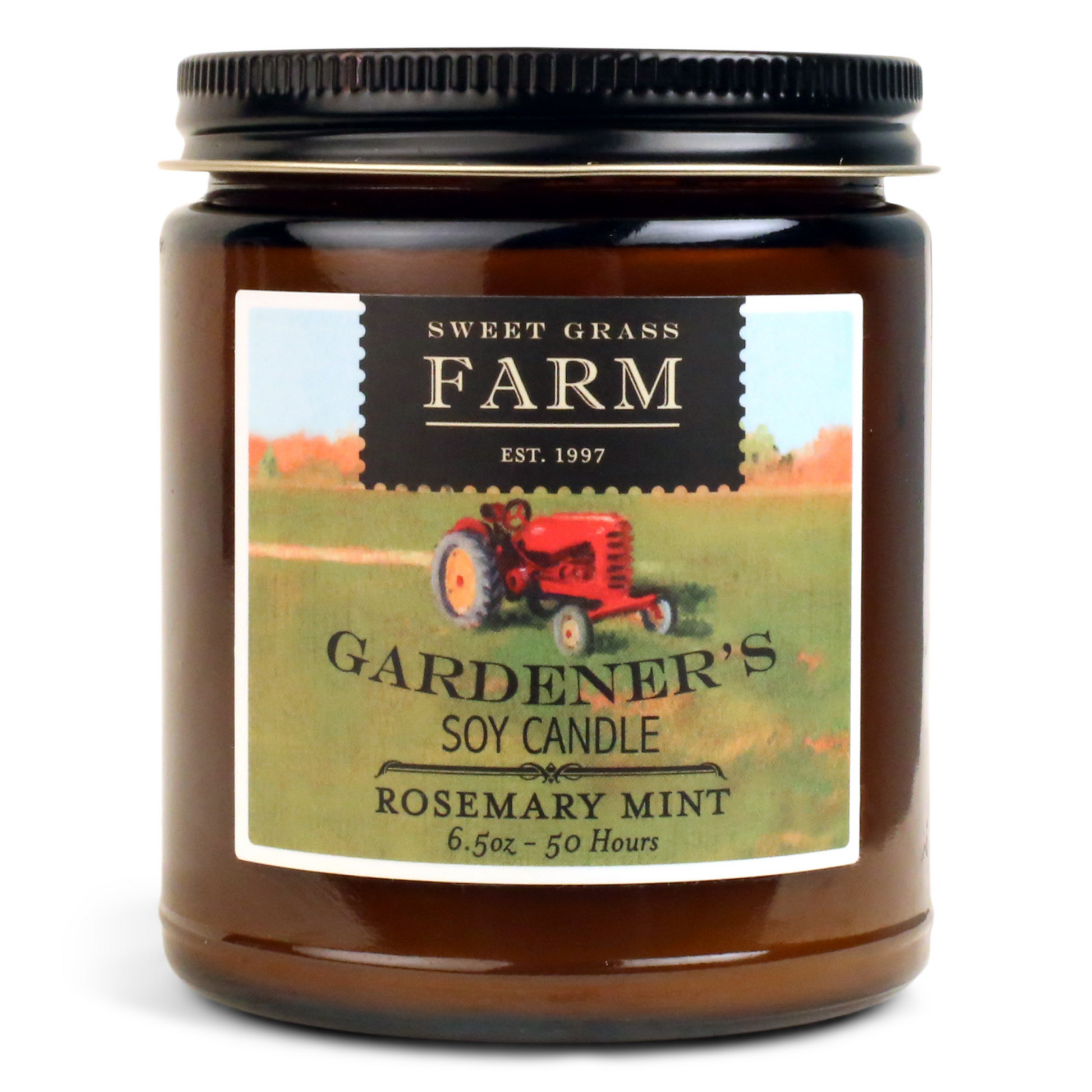 A jar candle with a label that includes a red tractor and text, indicating the brand 'SWEET GRASS FARM' and the product name 'GARDENER'S SOY CANDLE ROSEMARY MINT'. The jar is transparent and is made of glass.