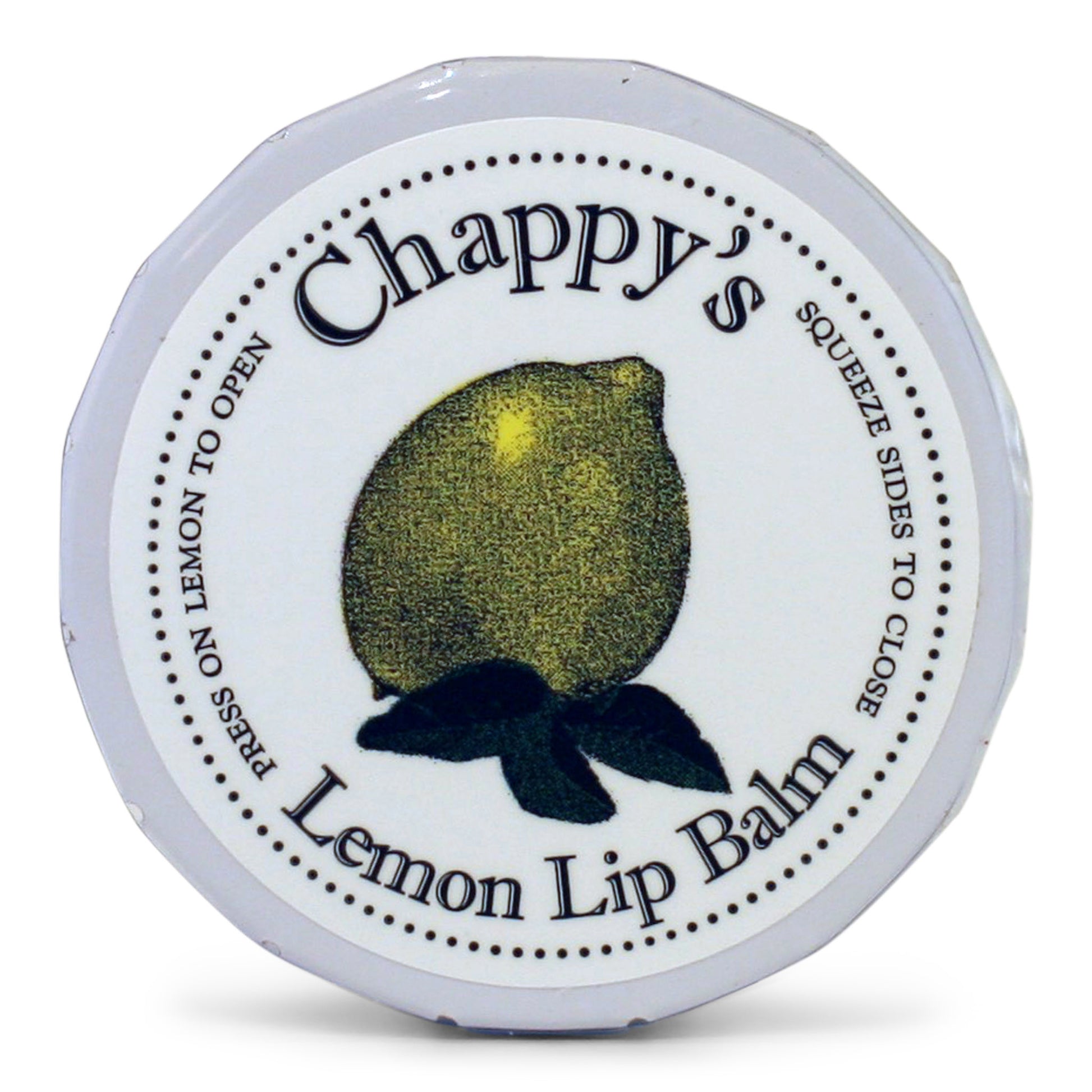 A round metal tin of Chappy's Lemon Lip Balm, with a label featuring a lemon and the product name.