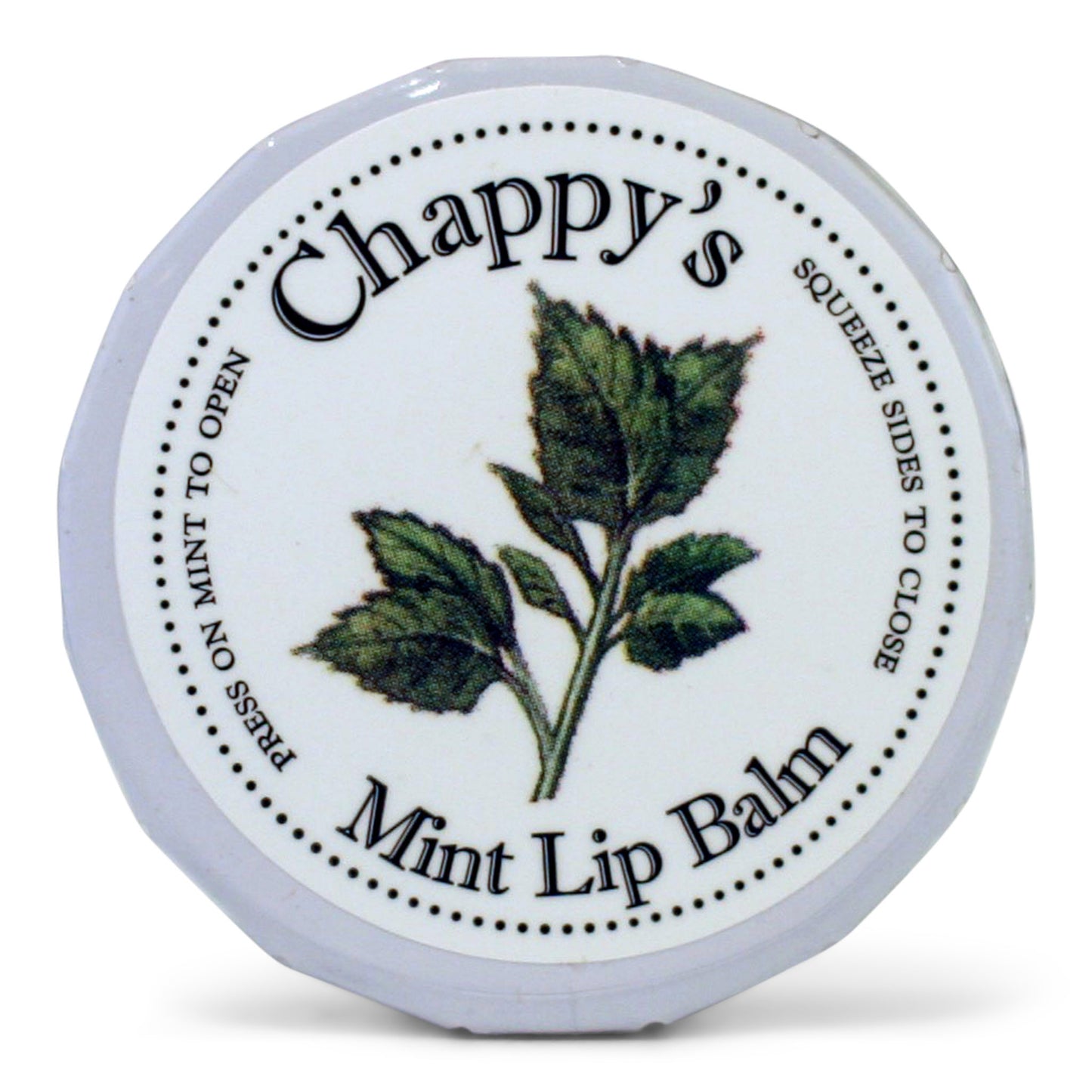 A round metal tin of Chappy's Mint Lip Balm, with a label featuring green leaves and the product name.
