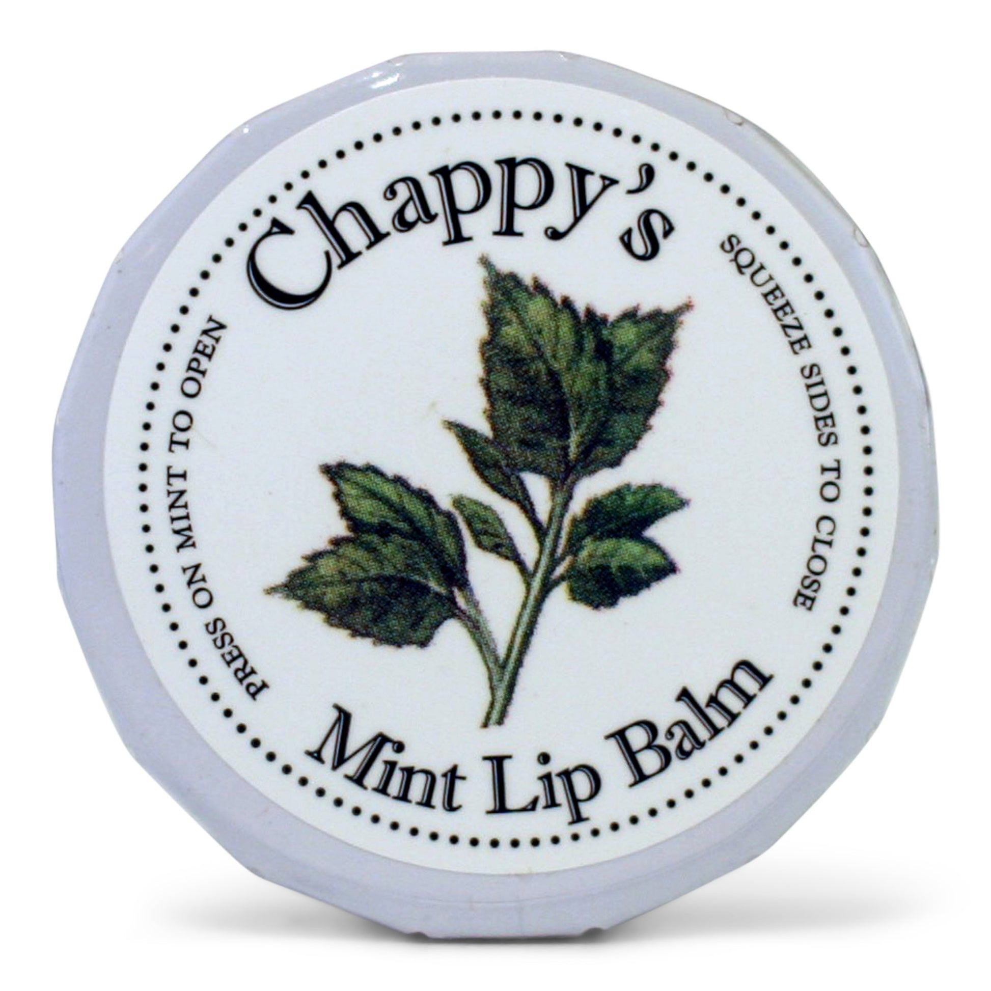 A round metal tin of Chappy's Mint Lip Balm, with a label featuring green leaves and the product name.
