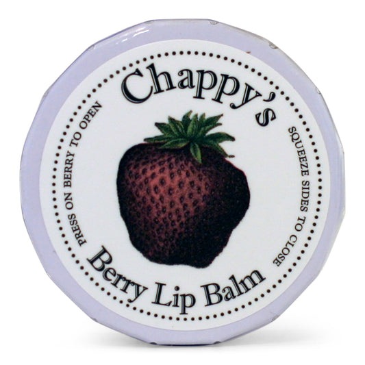 A round metal tin of Chappy's Strawberry Lip Balm, with a label featuring a strawberry and the product name.