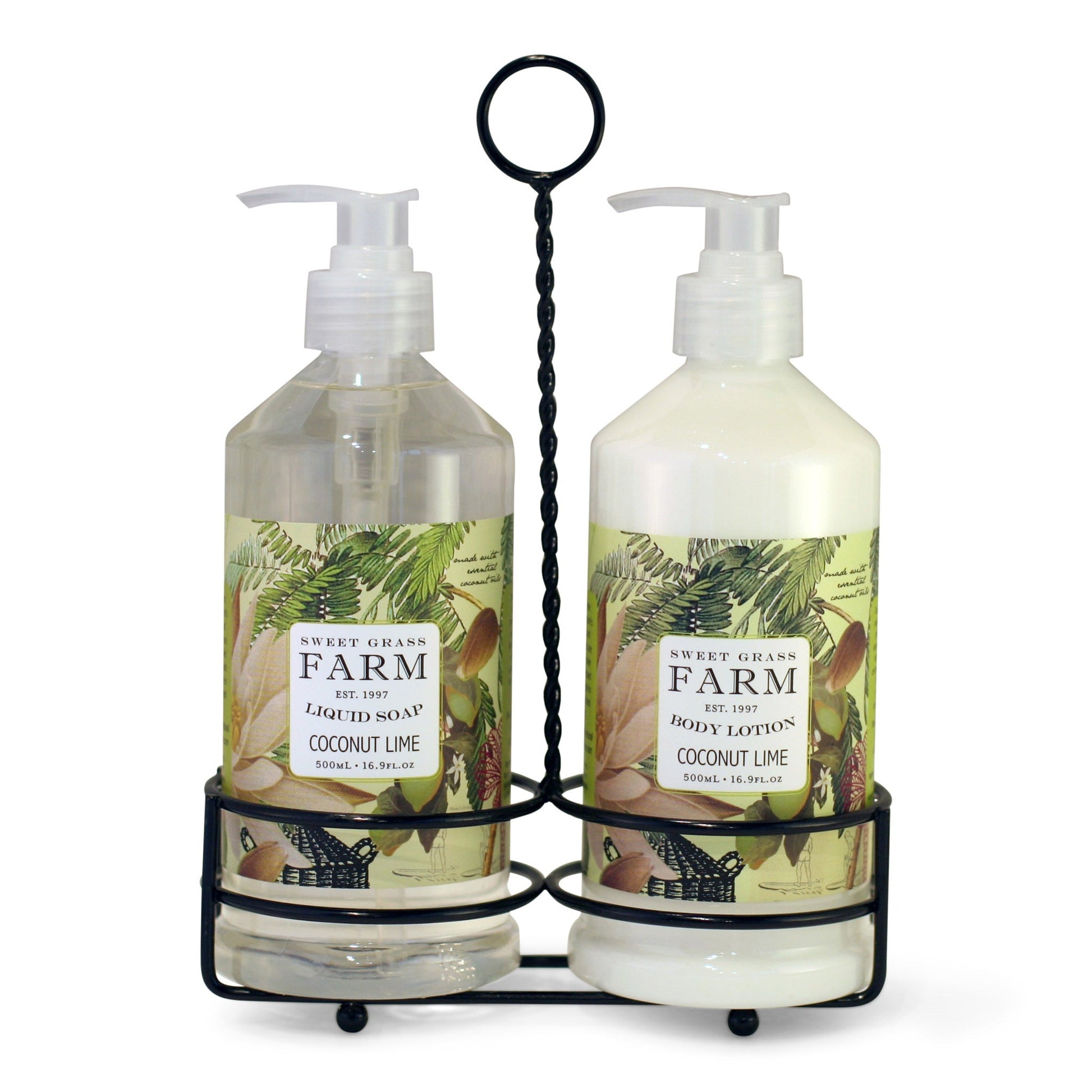 Two pump bottles of body lotion and liquid soap in a black metal caddy, with labels indicating the product Sweet Grass Farm, Meadow Collection, coconut lime scent