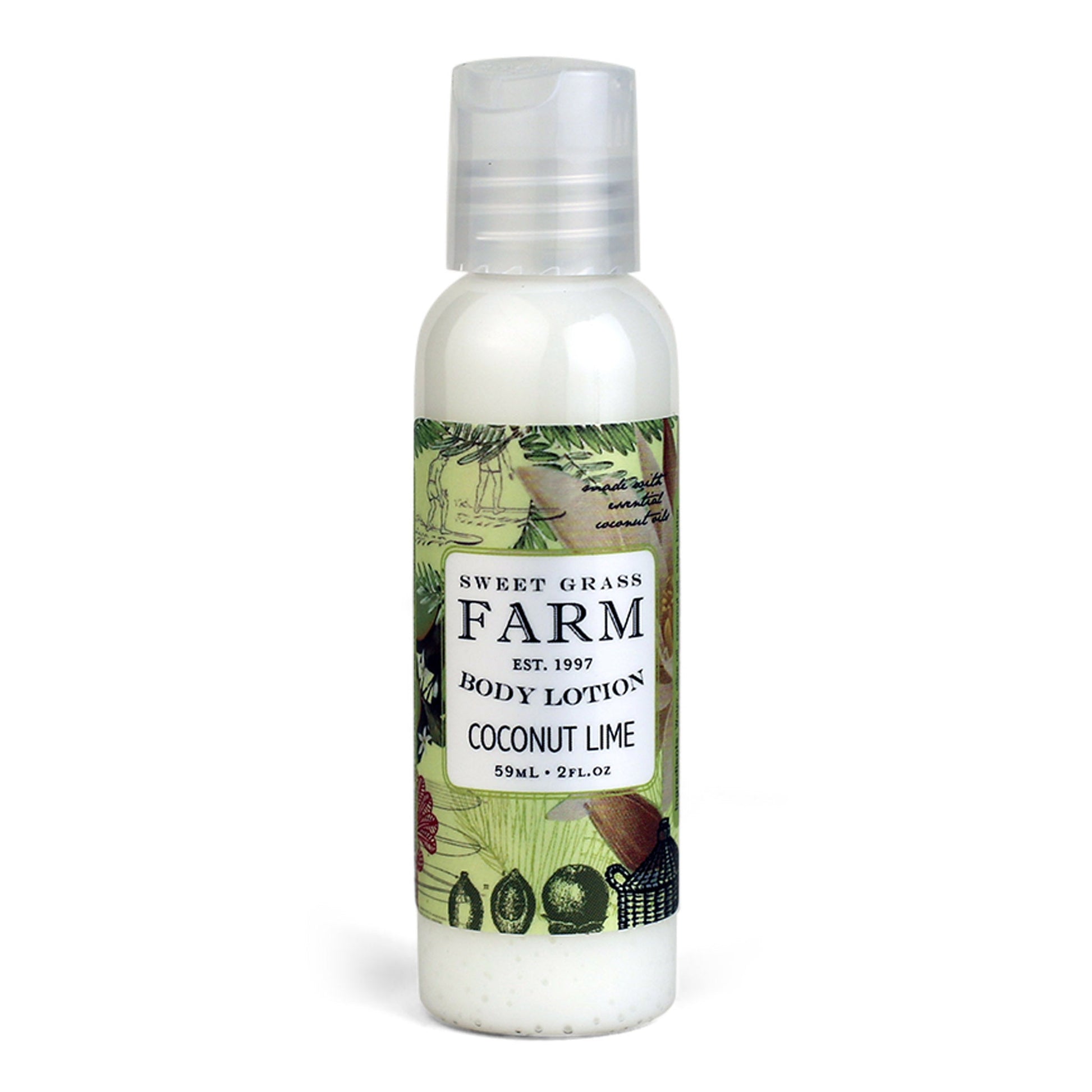 A bottle of body lotion labeled 'Sweet Grass Farm' with an image of wildflowers and the scent 'Coconut Lime' indicated.