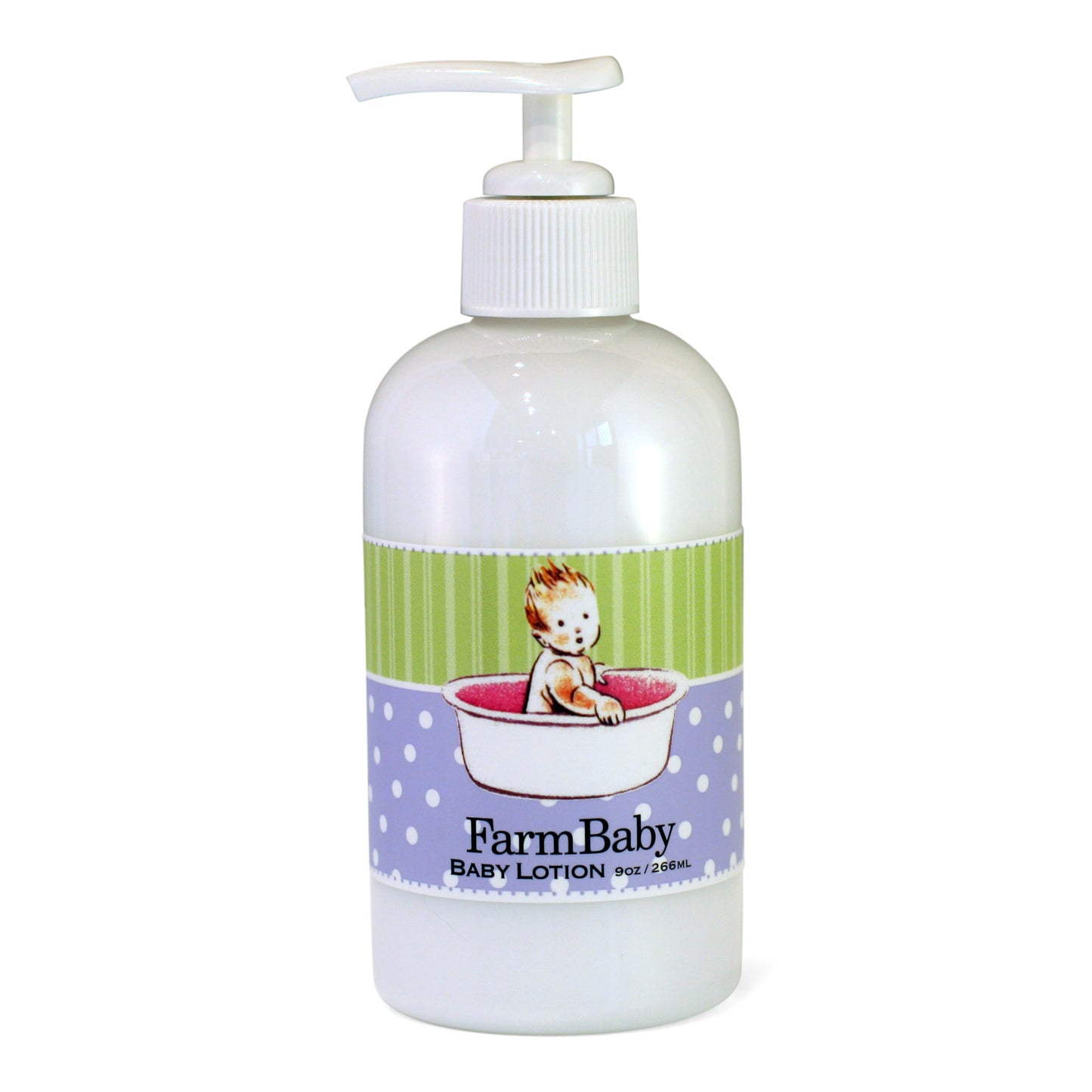 A bottle of Baby Lotion with a pump dispenser, labeled 'FarmBaby'. The background is white with a cartoon image of a baby on the label.