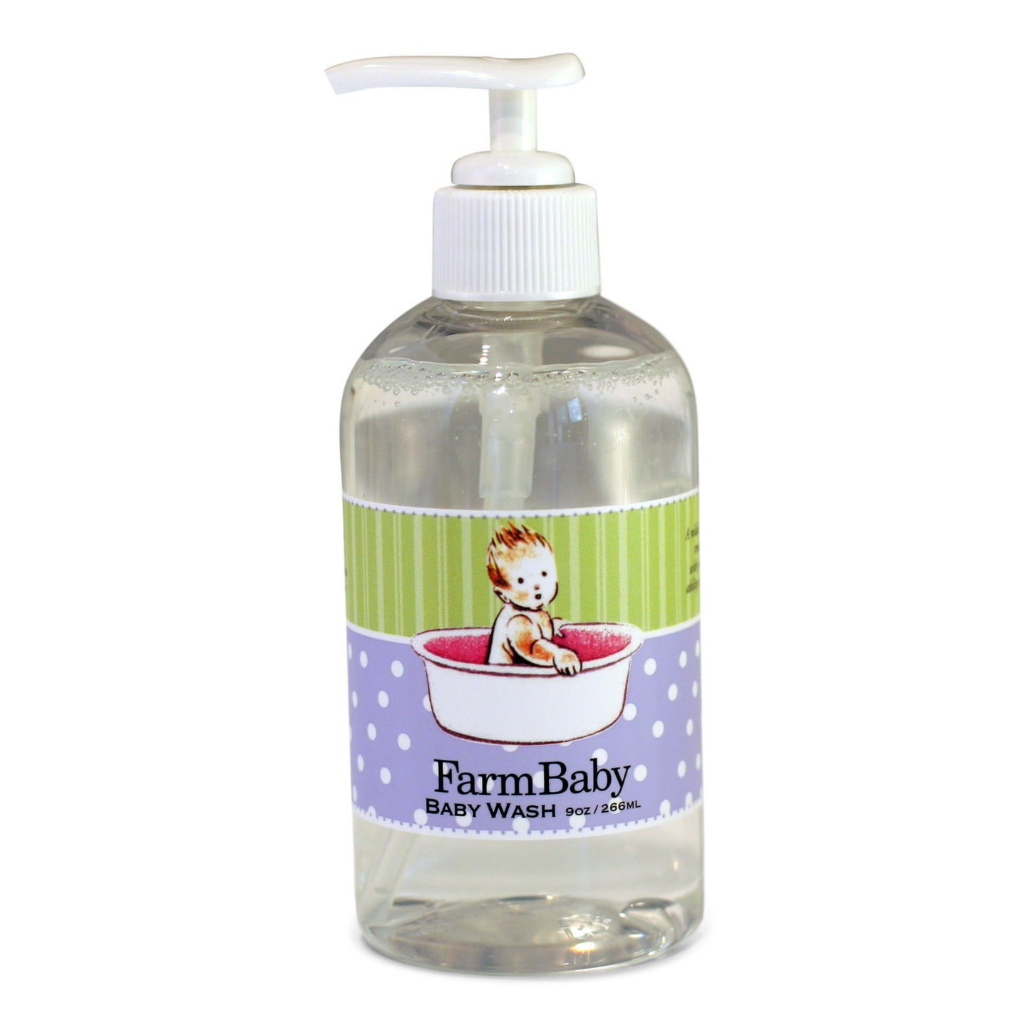 A clear plastic bottle with a pump dispenser labeled 'FarmBaby Baby Wash' with an illustration of a baby in a bathtub on the label. The liquid inside appears to be a pale color, and the bottle is set against a white background.