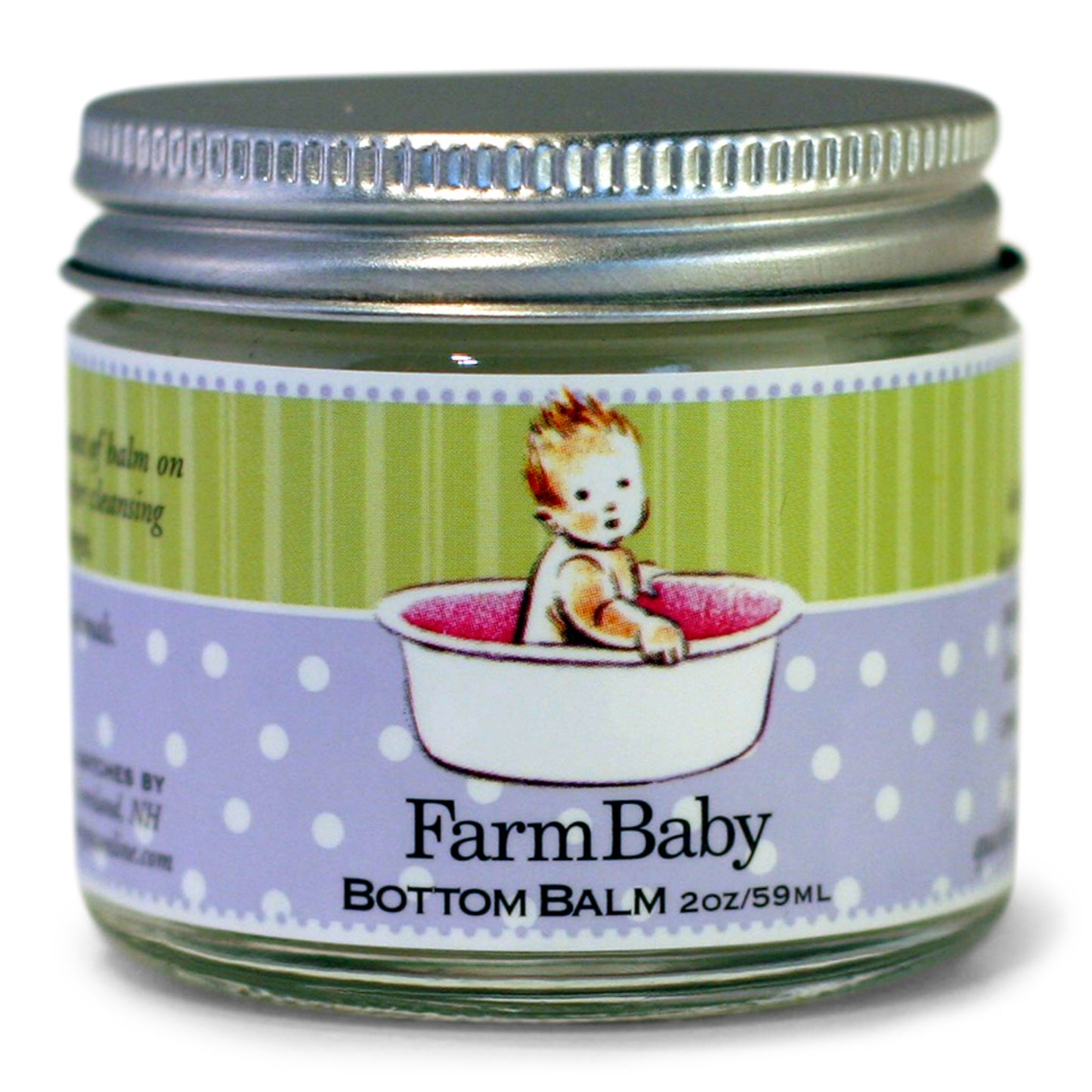 A jar of FarmBaby Bottom Balm with a label featuring an illustration of a baby in a bathtub. The product is intended for healing baby bottoms.