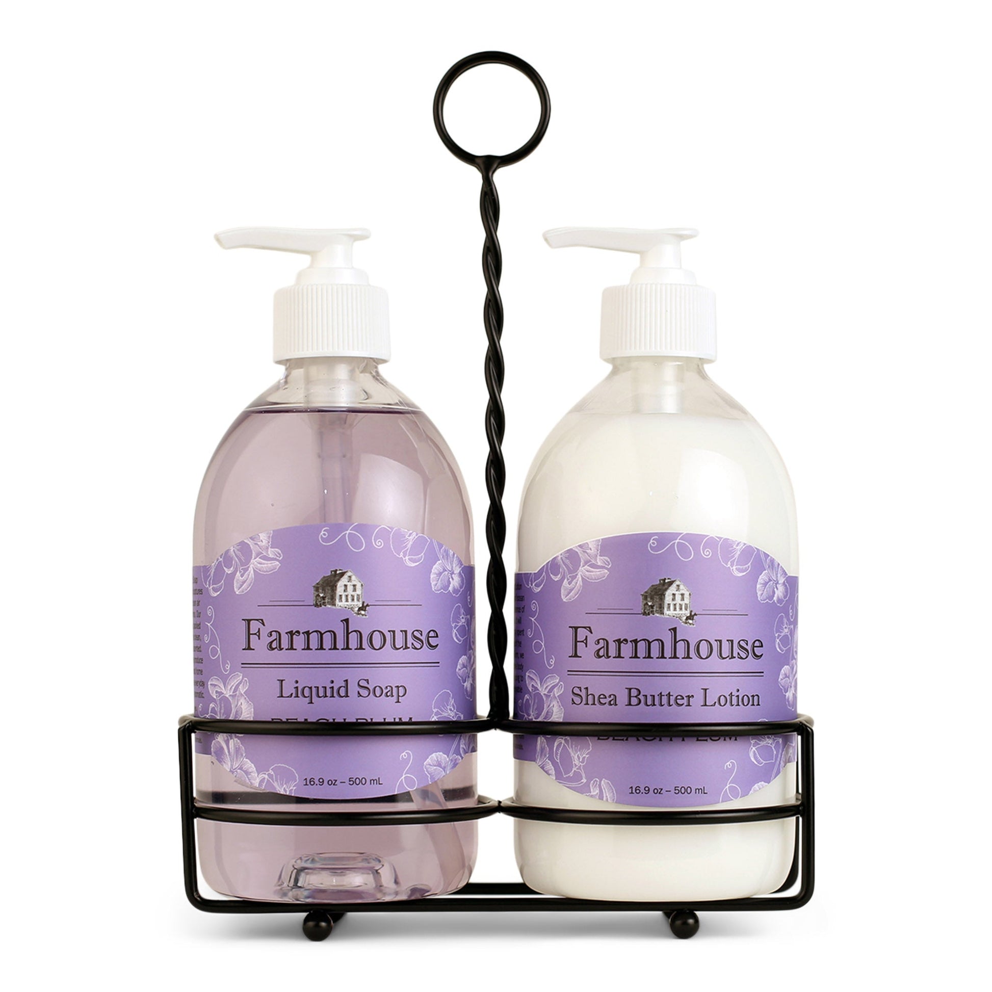 A black metal caddy holding two bottles, one labeled as 'Farmhouse Liquid Soap' and the other as 'Shea Butter Lotion', in Beach Plum scent