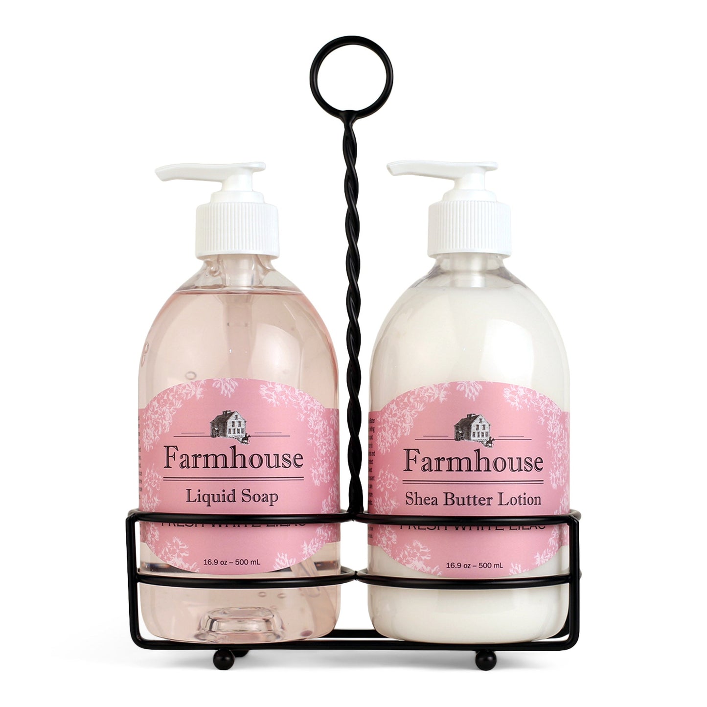 A black metal caddy holding two bottles, one labeled as 'Farmhouse Liquid Soap' and the other as 'Shea Butter Lotion', in Fresh White Lilac scent