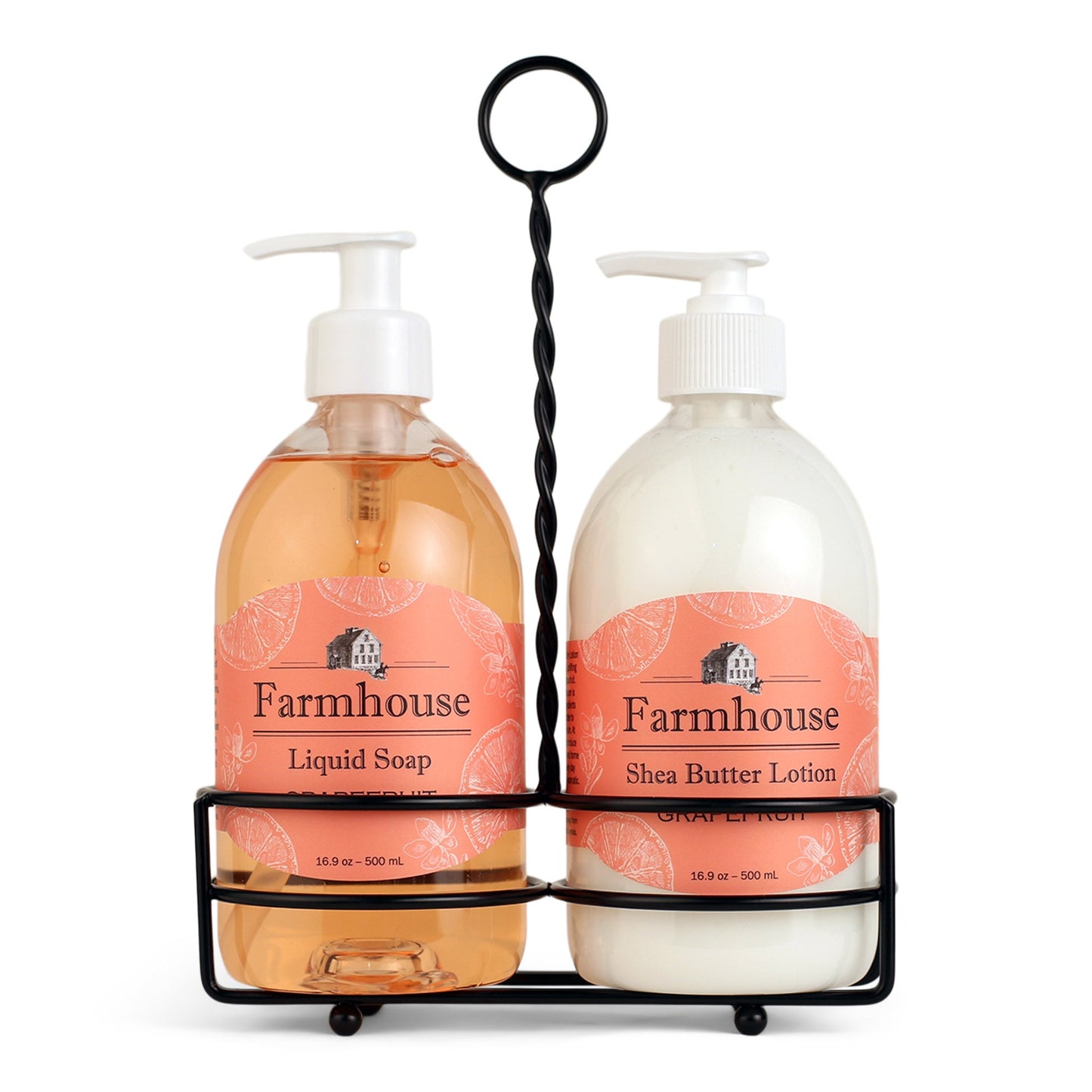 A black metal caddy holding two bottles, one labeled as 'Farmhouse Liquid Soap' and the other as 'Shea Butter Lotion', in Grapefruit scent