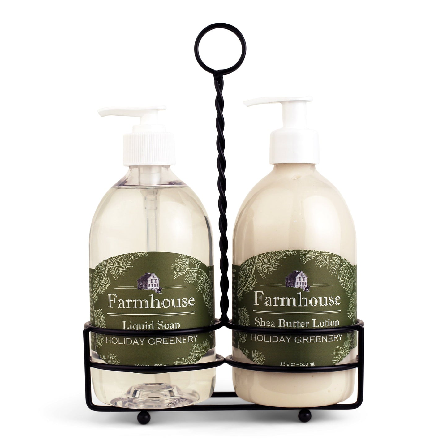 A black metal caddy holding two bottles, one labeled as 'Farmhouse Liquid Soap' and the other as 'Shea Butter Lotion', in Holiday Greenery scent
