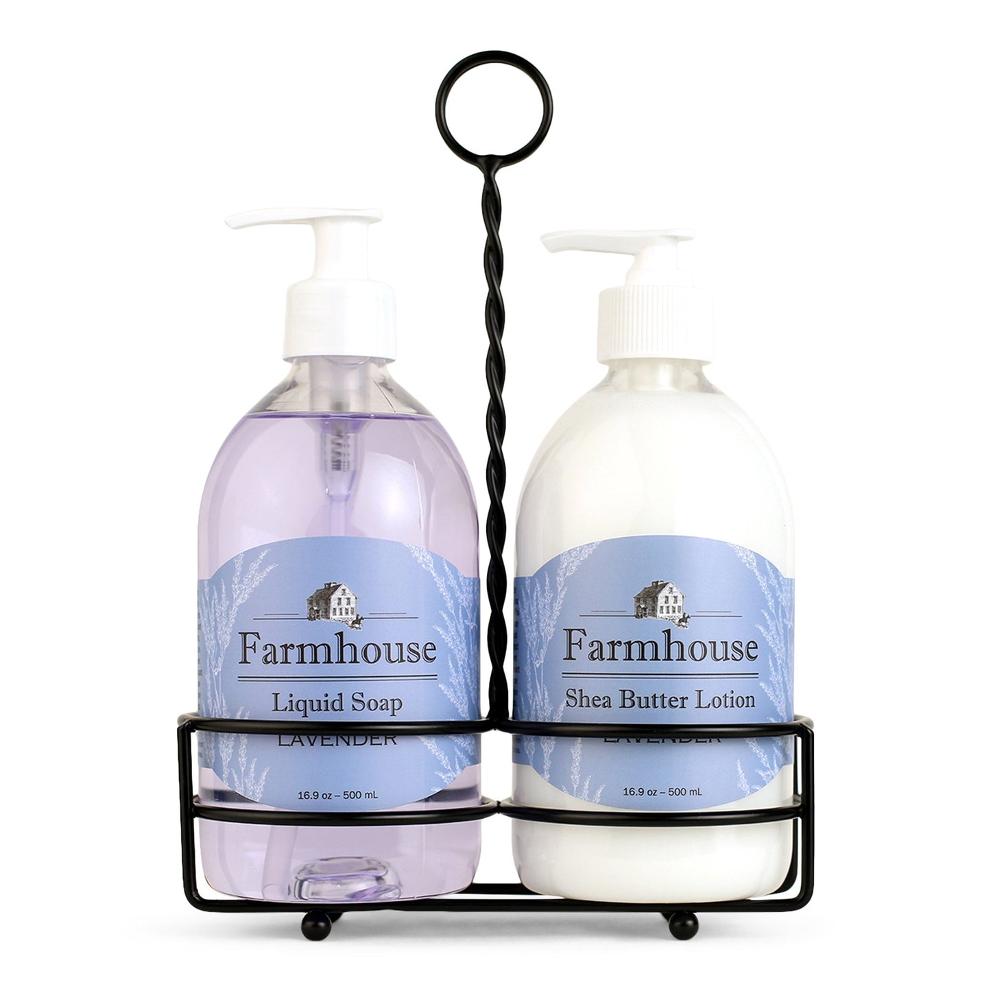 A black metal caddy holding two bottles, one labeled as 'Farmhouse Liquid Soap' and the other as 'Shea Butter Lotion', in Lavender scent