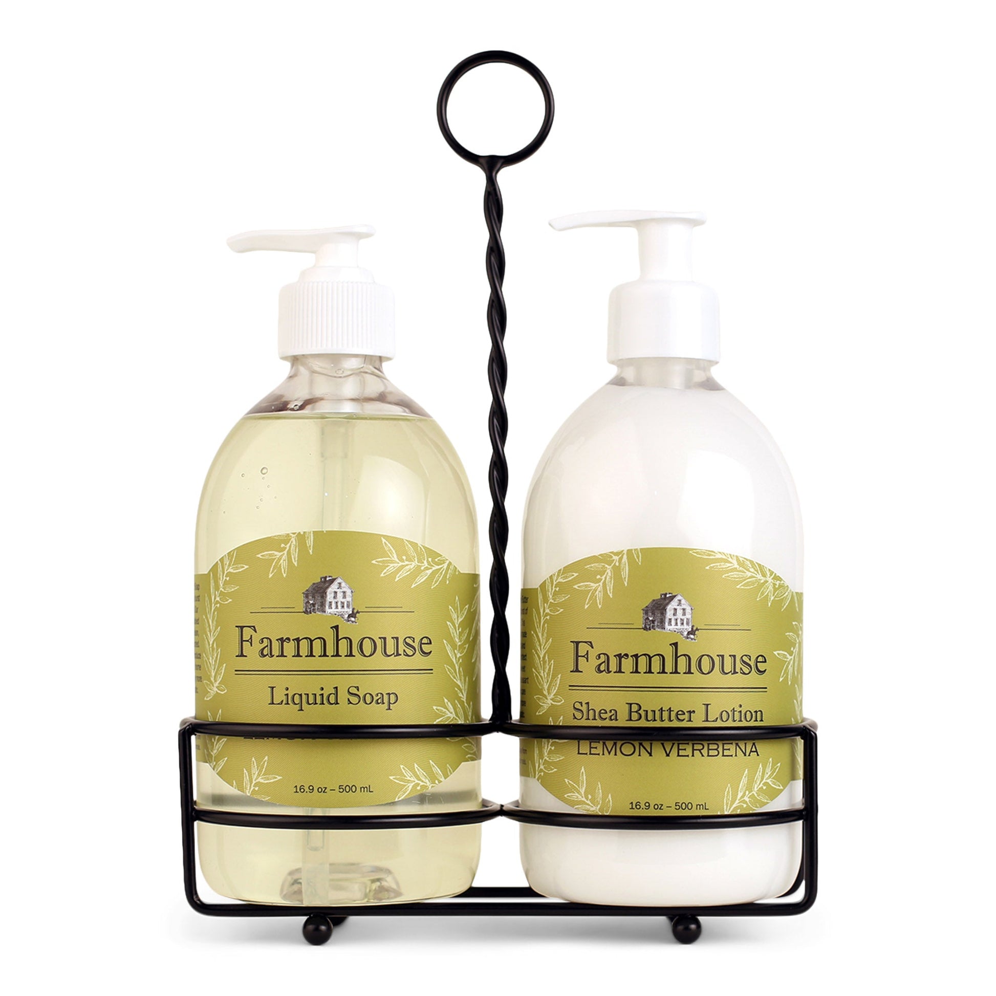 A black metal caddy holding two bottles, one labeled as 'Farmhouse Liquid Soap' and the other as 'Shea Butter Lotion', in Lemon Verbena scent