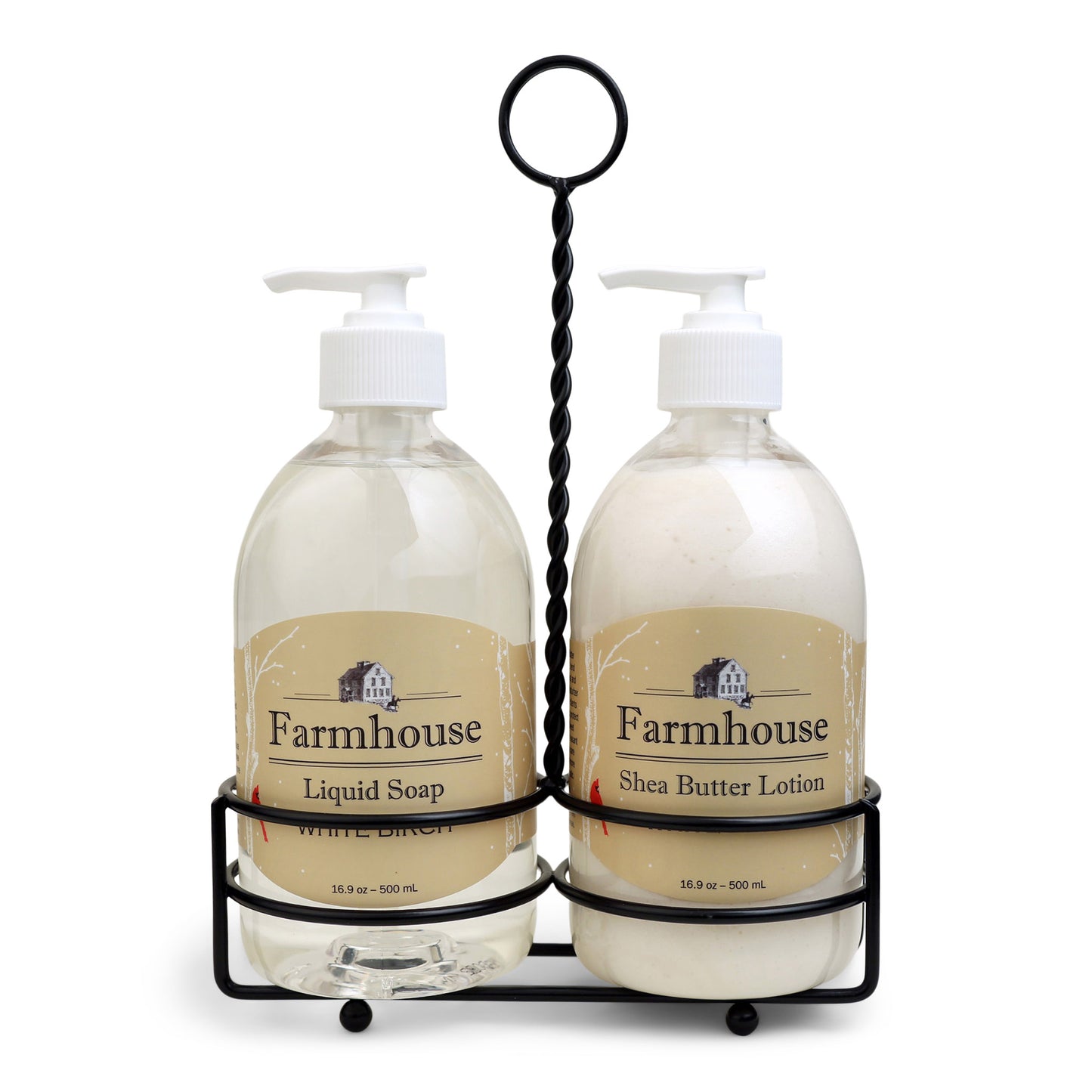 A black metal caddy holding two bottles, one labeled as 'Farmhouse Liquid Soap' and the other as 'Shea Butter Lotion', in White Birch scent