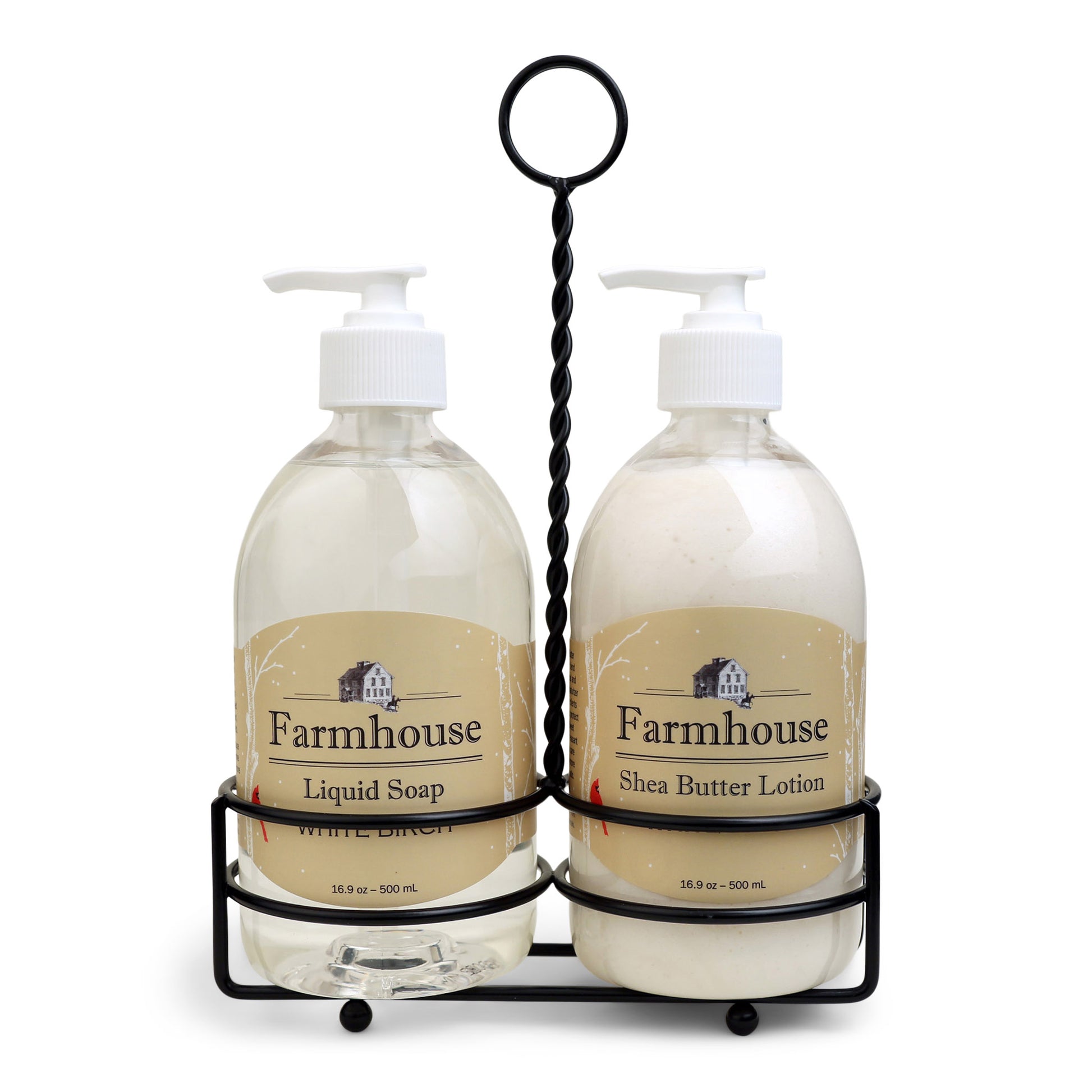 A black metal caddy holding two bottles, one labeled as 'Farmhouse Liquid Soap' and the other as 'Shea Butter Lotion', in White Birch scent