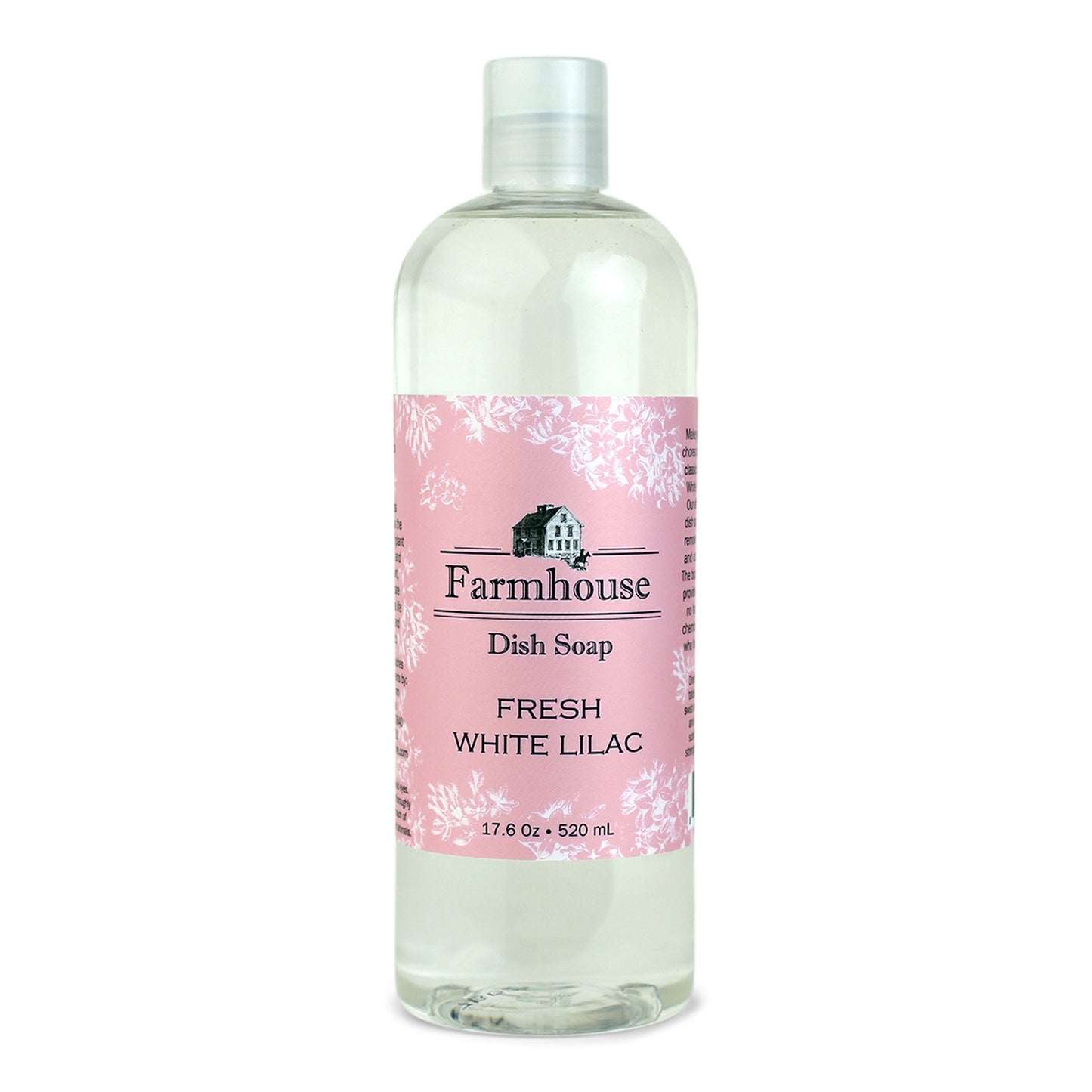A bottle of Farmhouse dish soap with a pink label and fresh white lilac scent