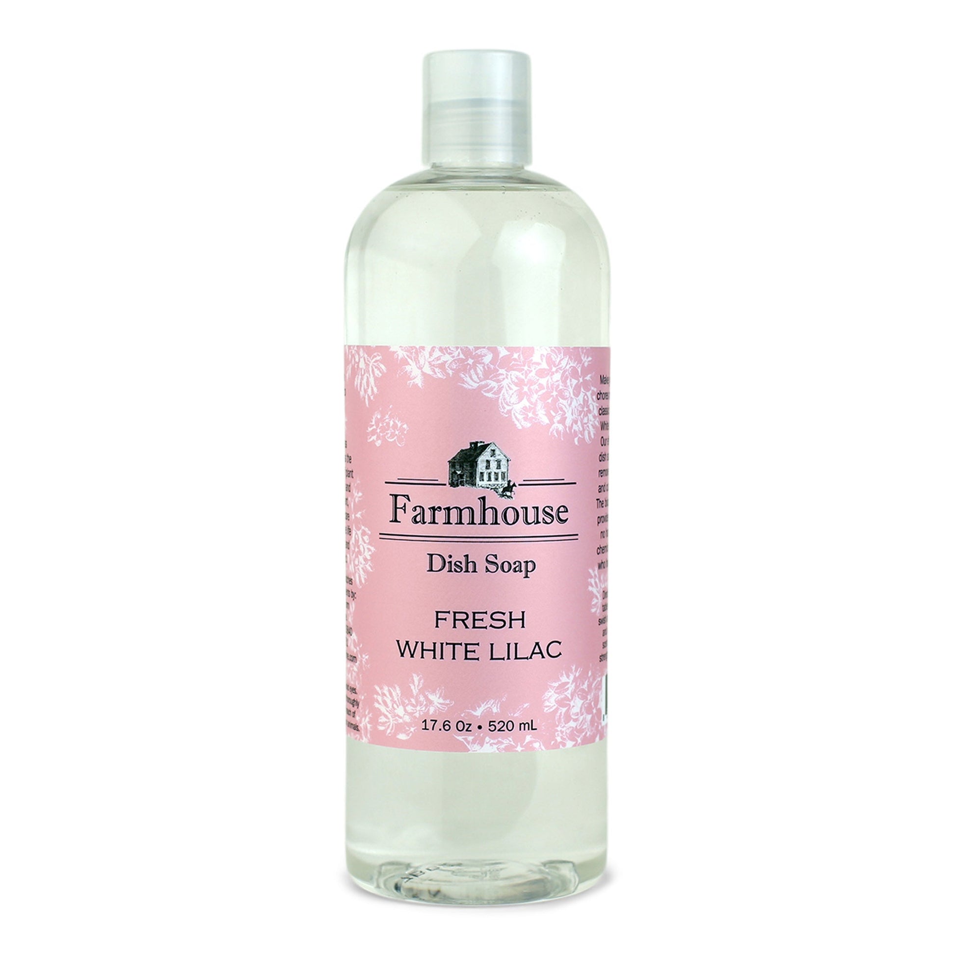 A bottle of Farmhouse dish soap with a pink label and fresh white lilac scent