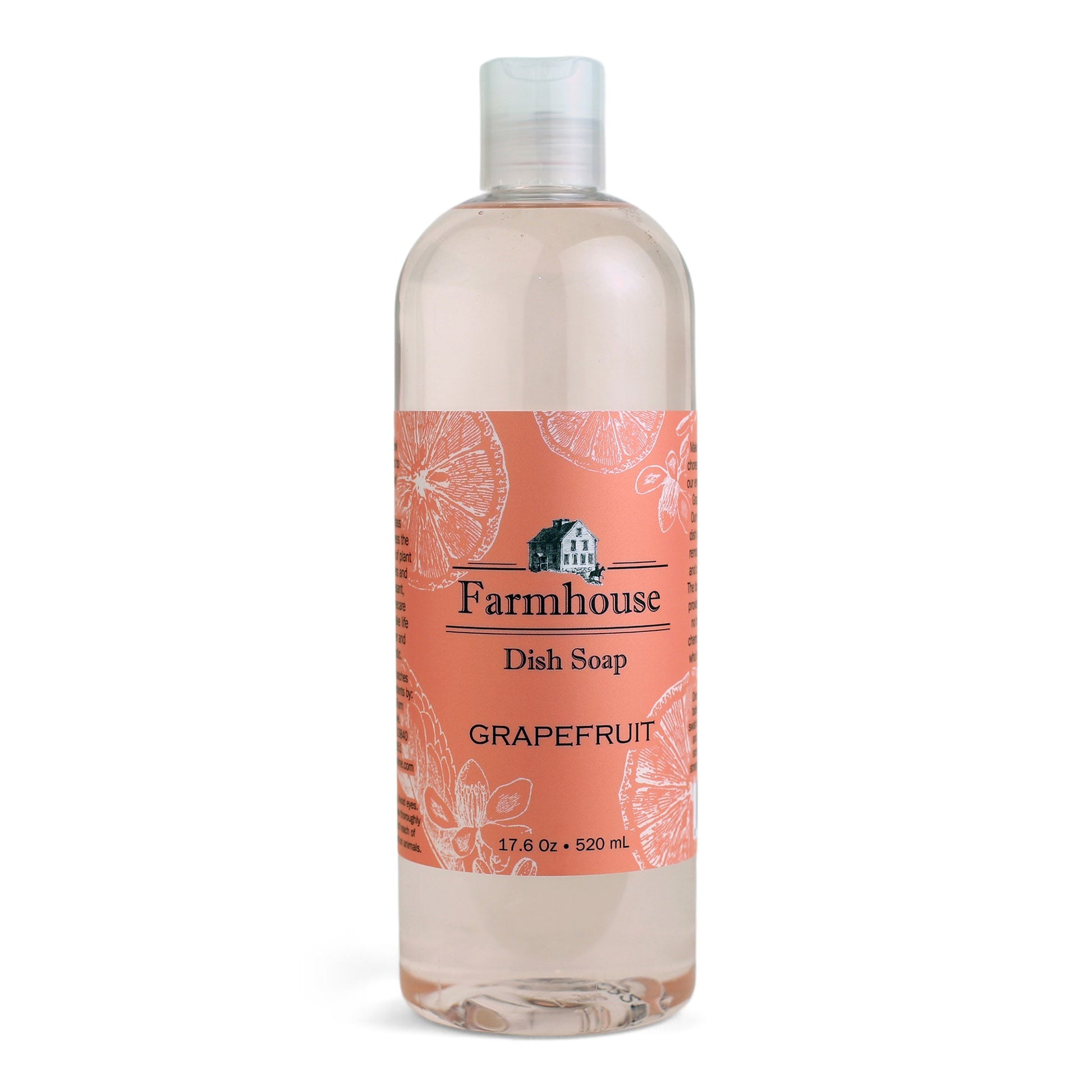 A bottle of Farmhouse dish soap with a orange label and grapefruit scent