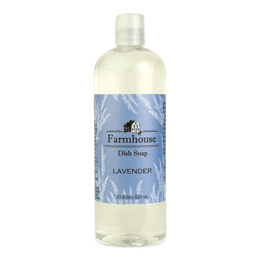 A bottle of Farmhouse dish soap with a blue label and lavender scent