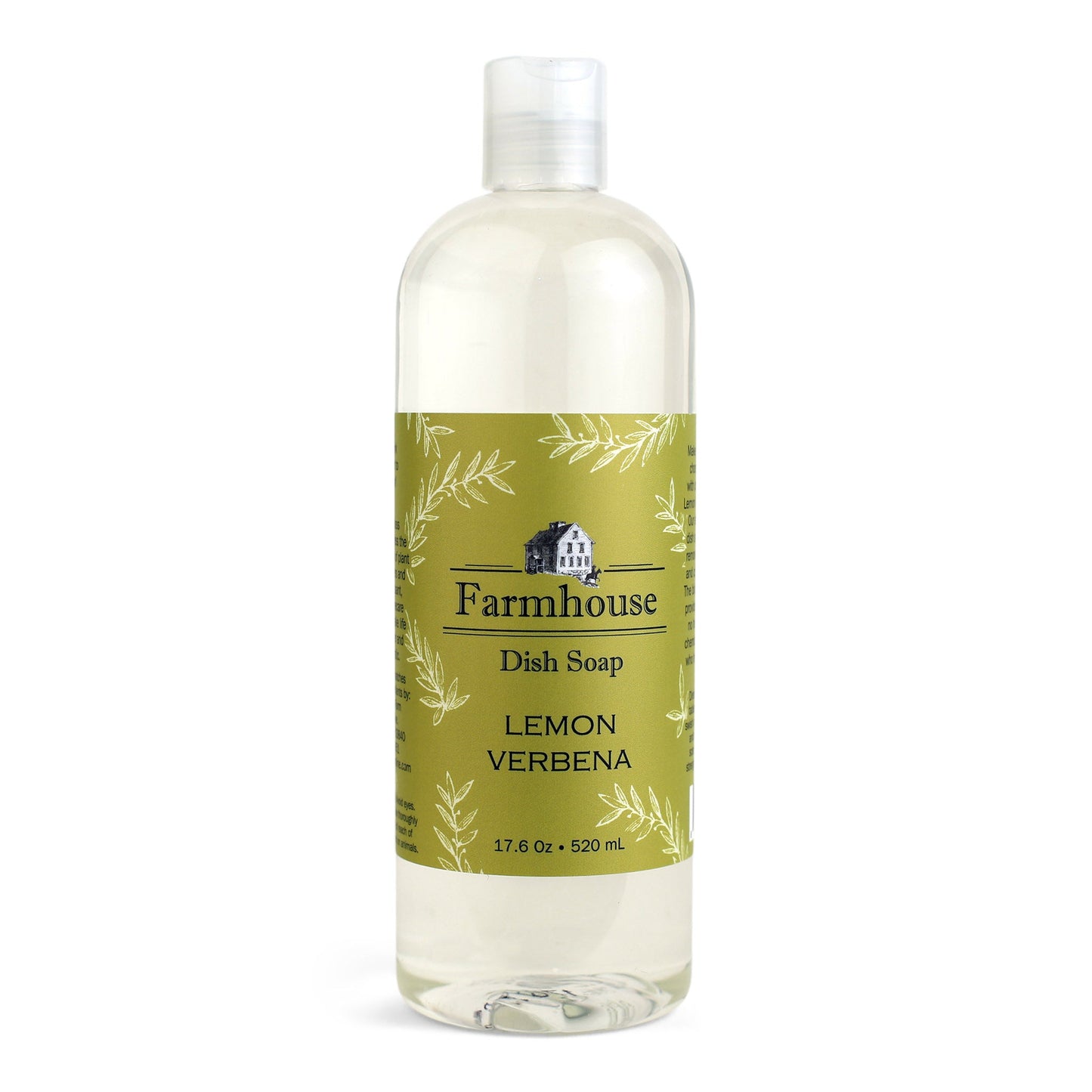 A bottle of Farmhouse dish soap with a green label and lemon verbena scent