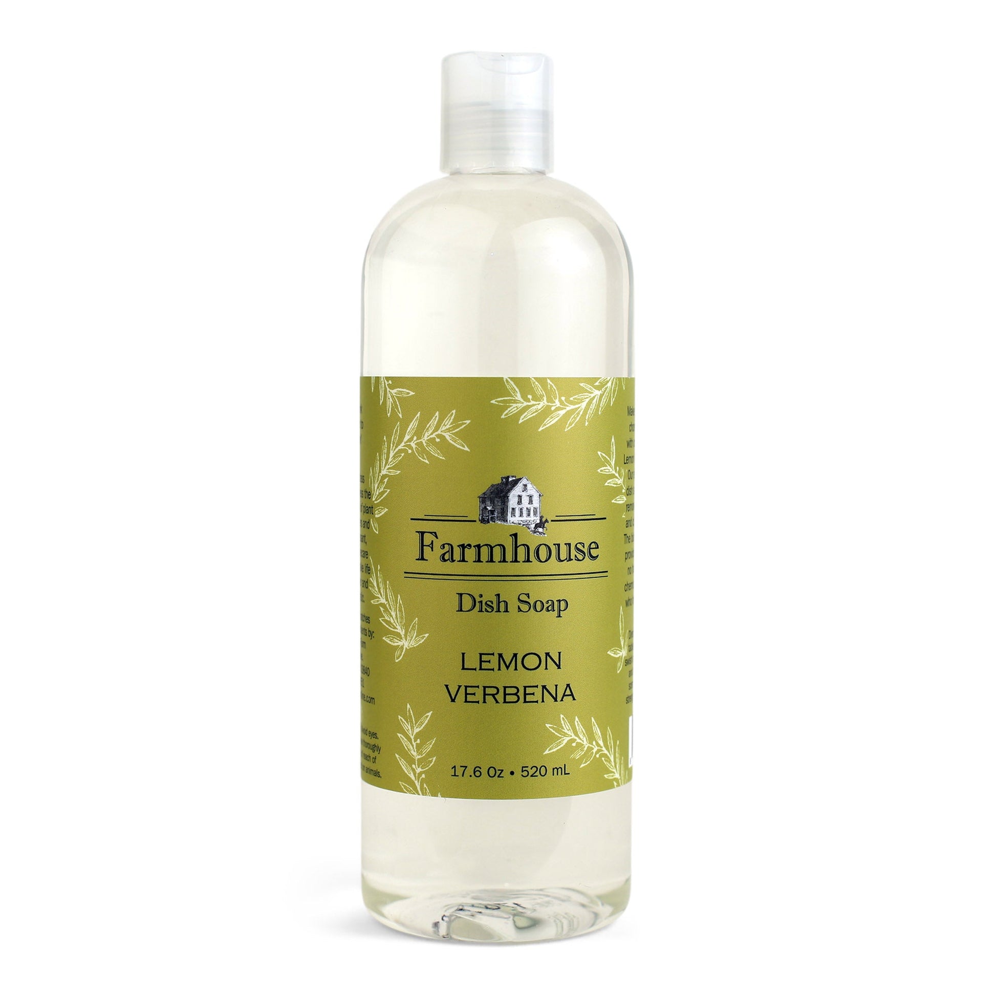A bottle of Farmhouse dish soap with a green label and lemon verbena scent