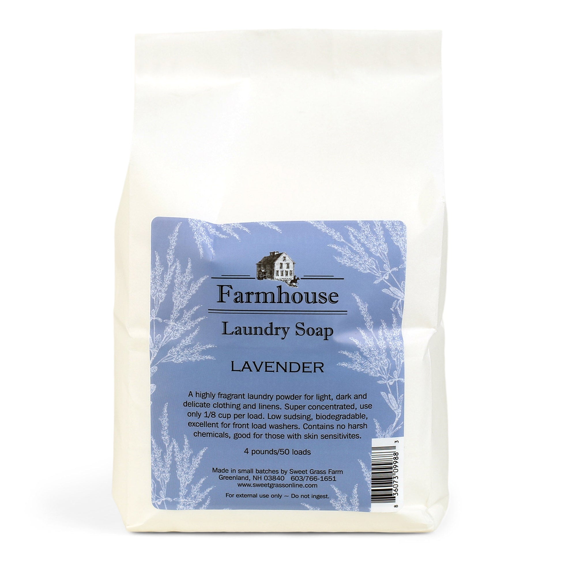 A white package of Farmhouse Laundry Soap with a label showing 'Lavender' scent. The package is marked as eco-friendly and says it is suitable for 50 loads of laundry.